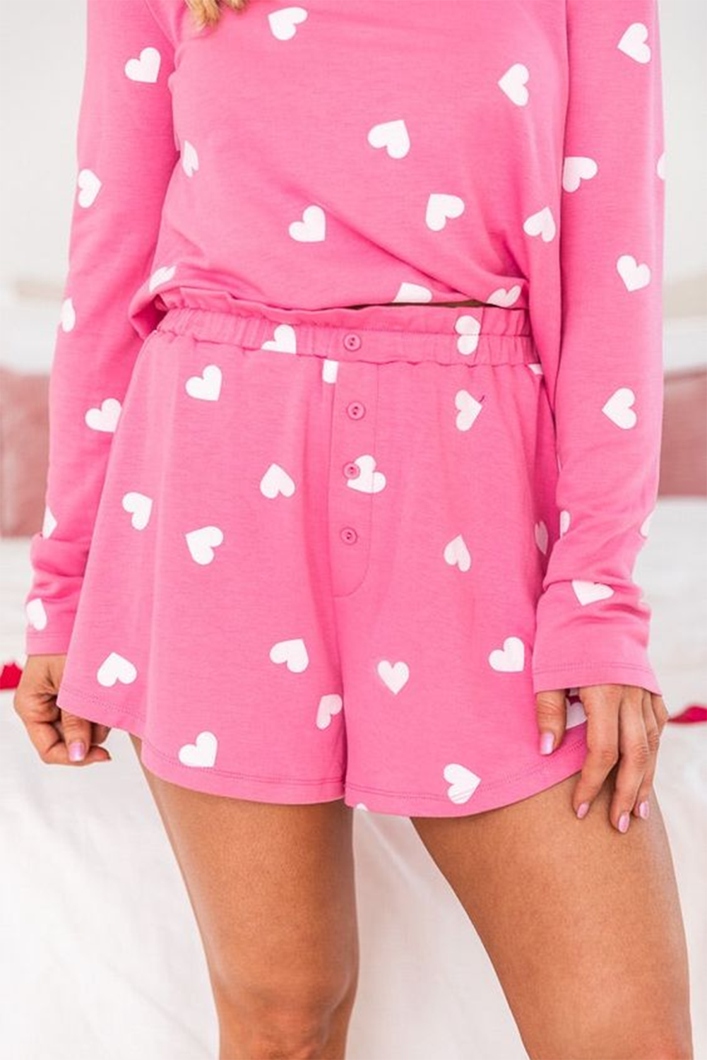 Pink Valentine Heart Print Long Sleeve Tee and Shorts Lounge Set eAura