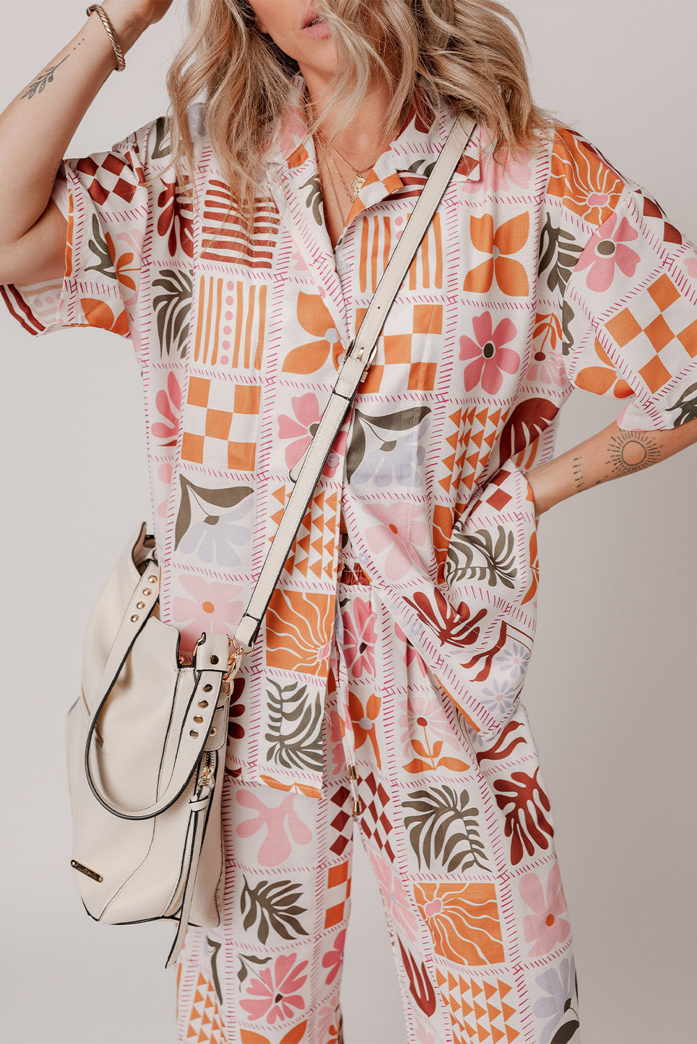 Orange Plant Checkered Print Collared Shirt and Wide Leg Trousers Set eAura