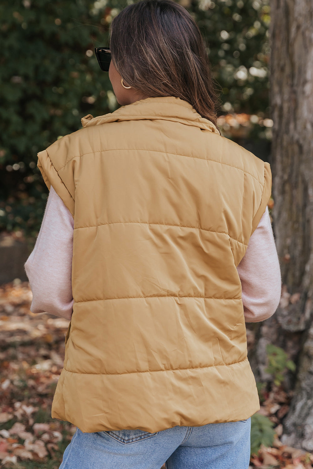 Oversized Stand Collar Zip Winter Vest – Khaki