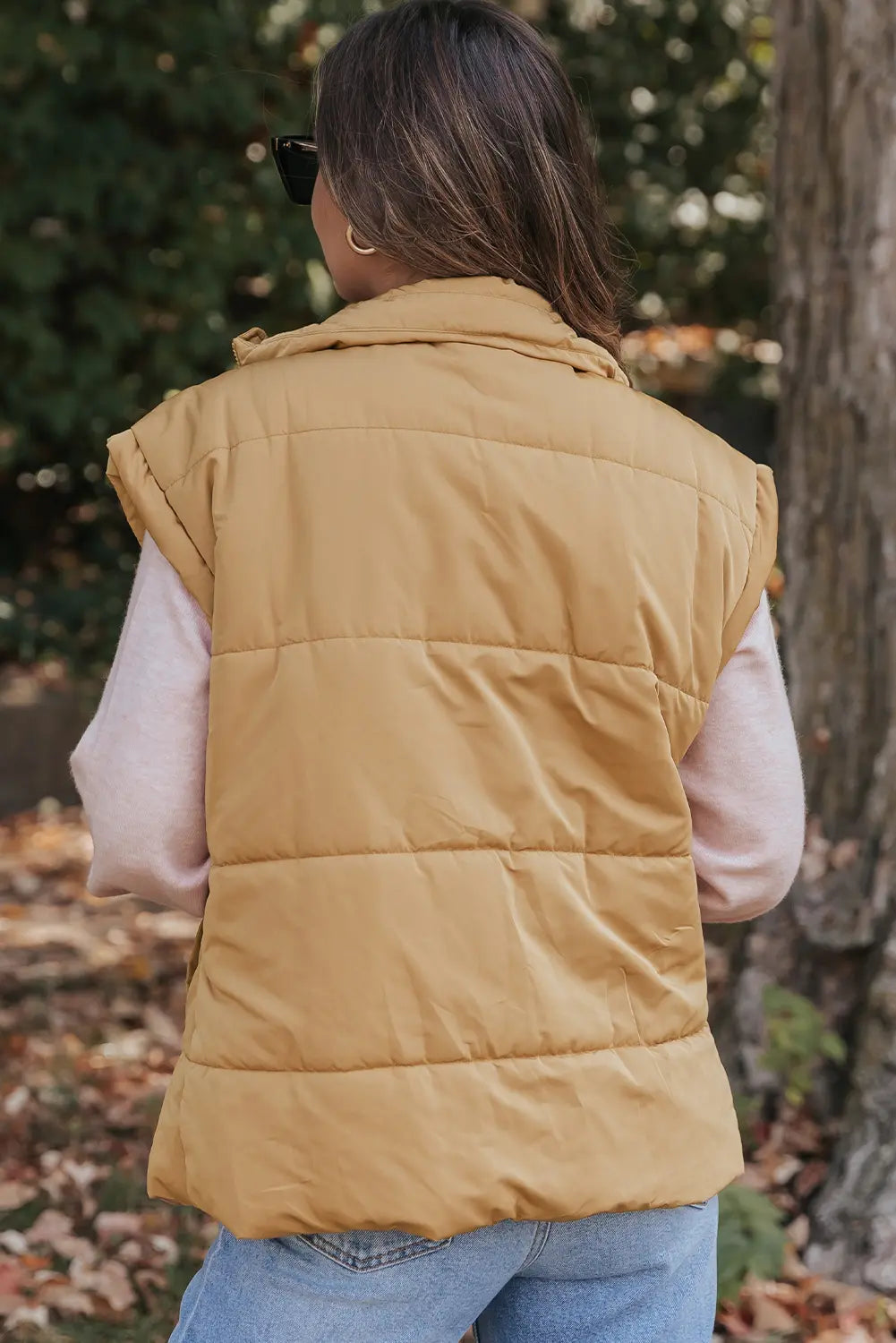 Oversized Stand Collar Zip Winter Vest – Khaki