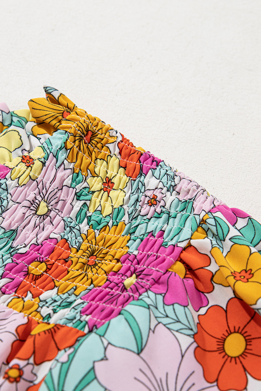 Yellow Floral Print Shirred Tiered Ruffled Sleeve Blouse eAura