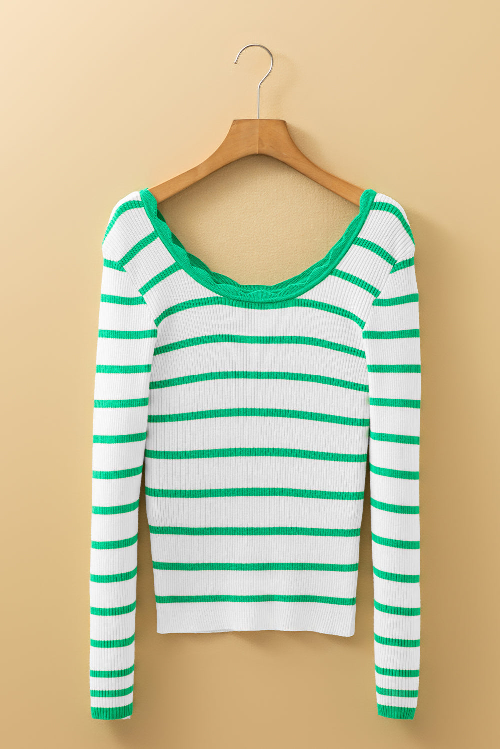 Scalloped Trim U-Neck Striped Ribbed Slim Sweater Dear-Lover Dropshipping