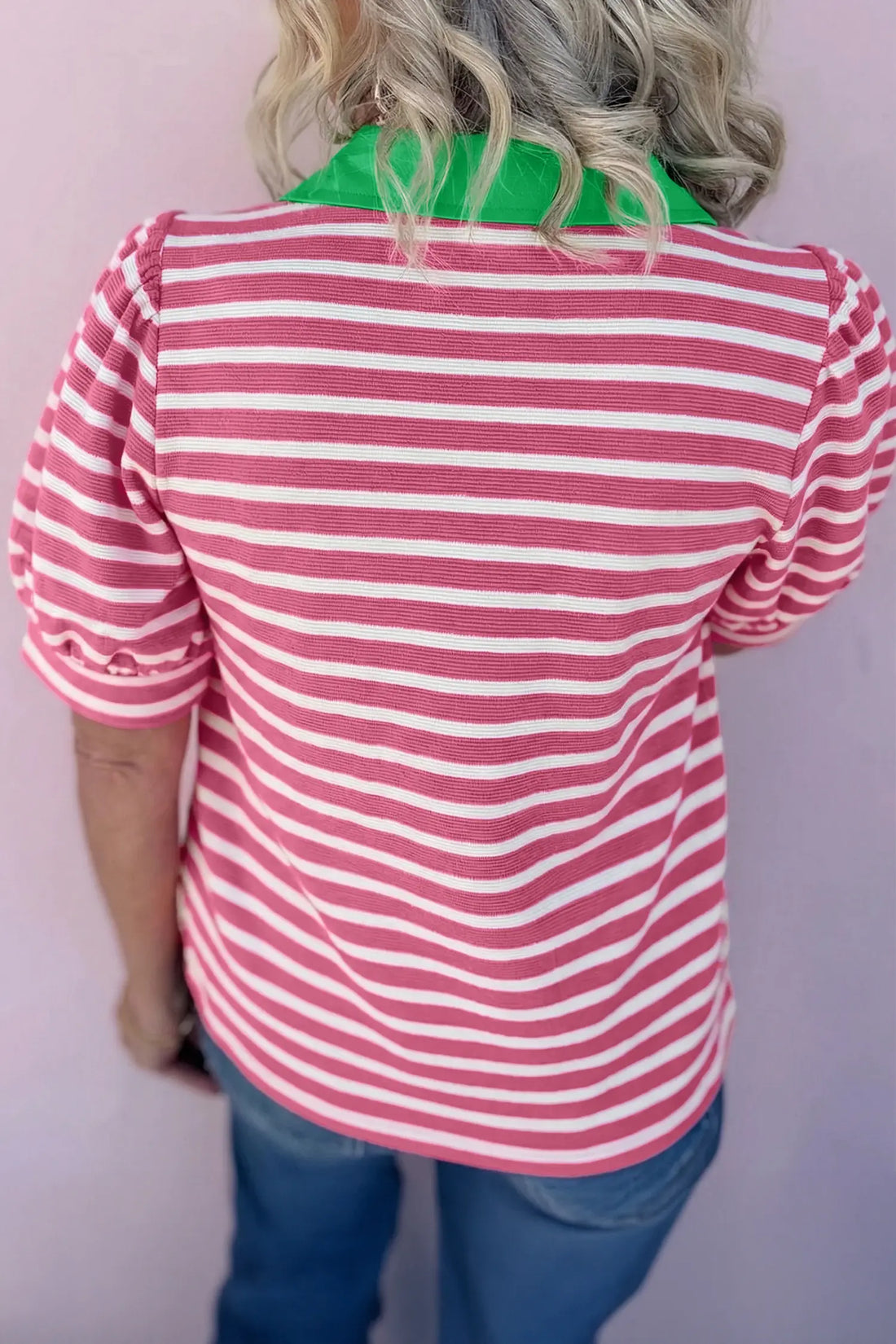Short Puff Sleeve Colour Block Polo Collar Blouse – Pink Stripe