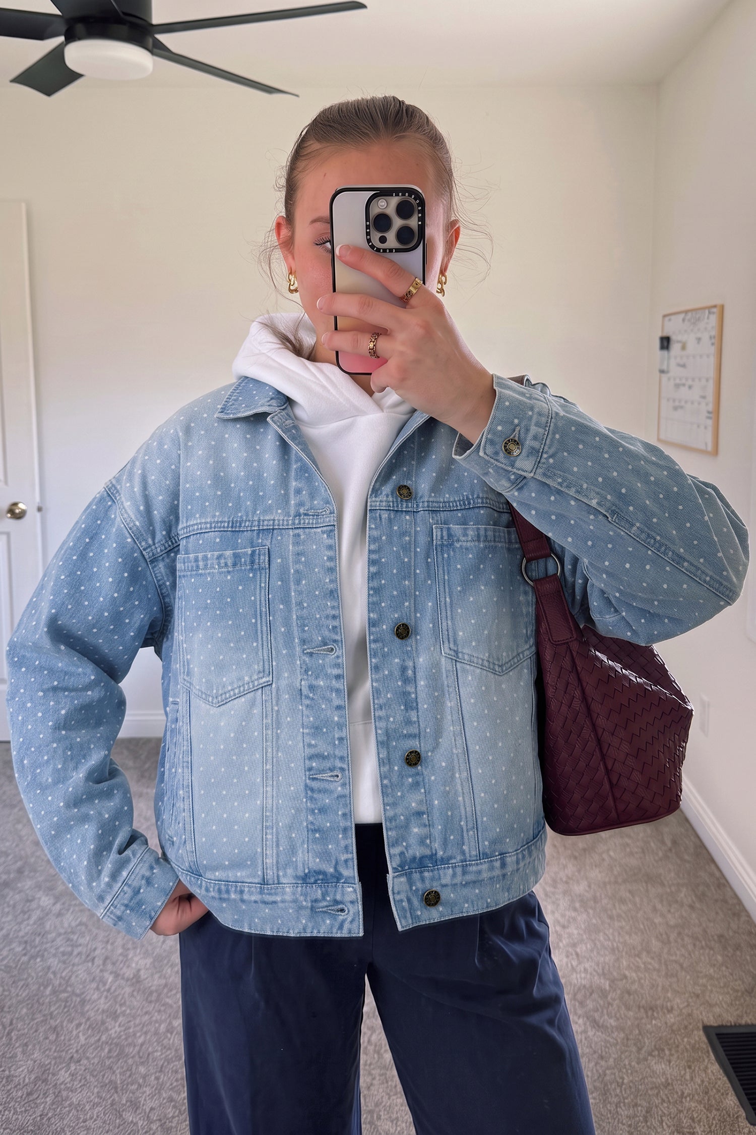 Sky Blue Polka Dot Long Sleeve Collar Pocket Casual Shift Silhouette Denim Jacket – Light Blue