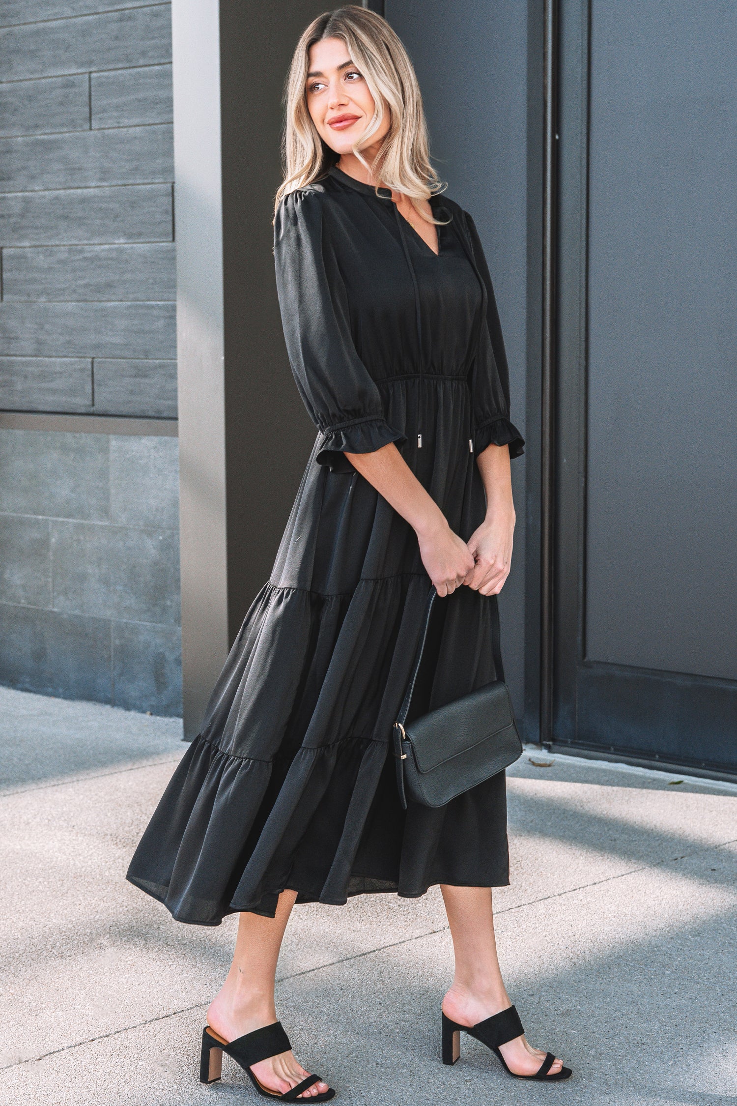 Black Flounced Bracelet Sleeve V-Neck Tiered Maxi Dress