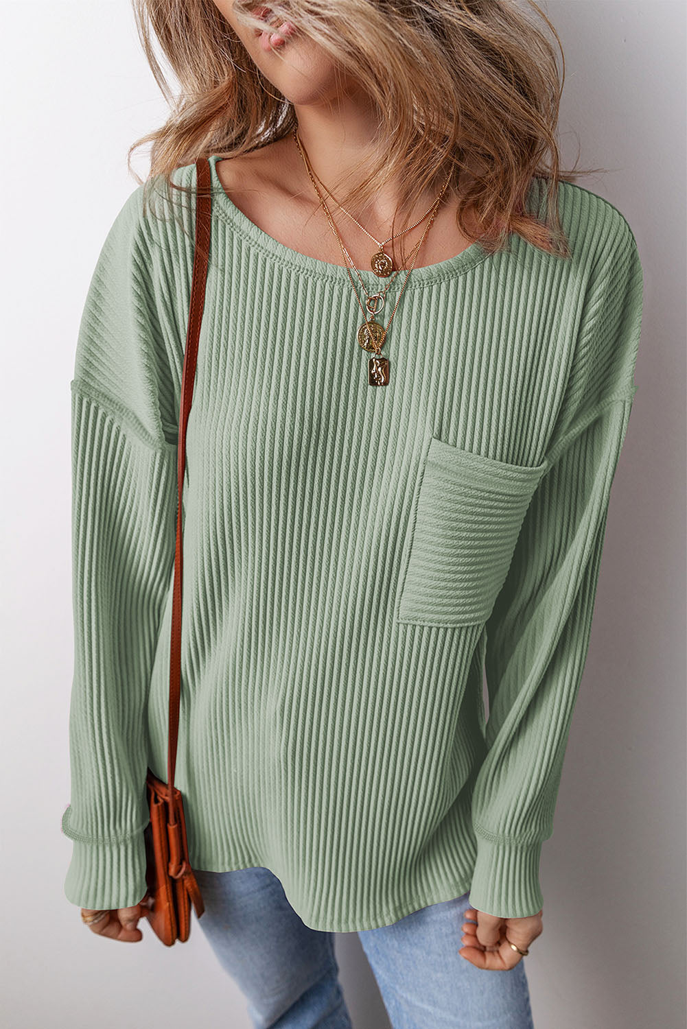 Apricot Solid Colour Ribbed Drop Shoulder Long Sleeve Top eAura