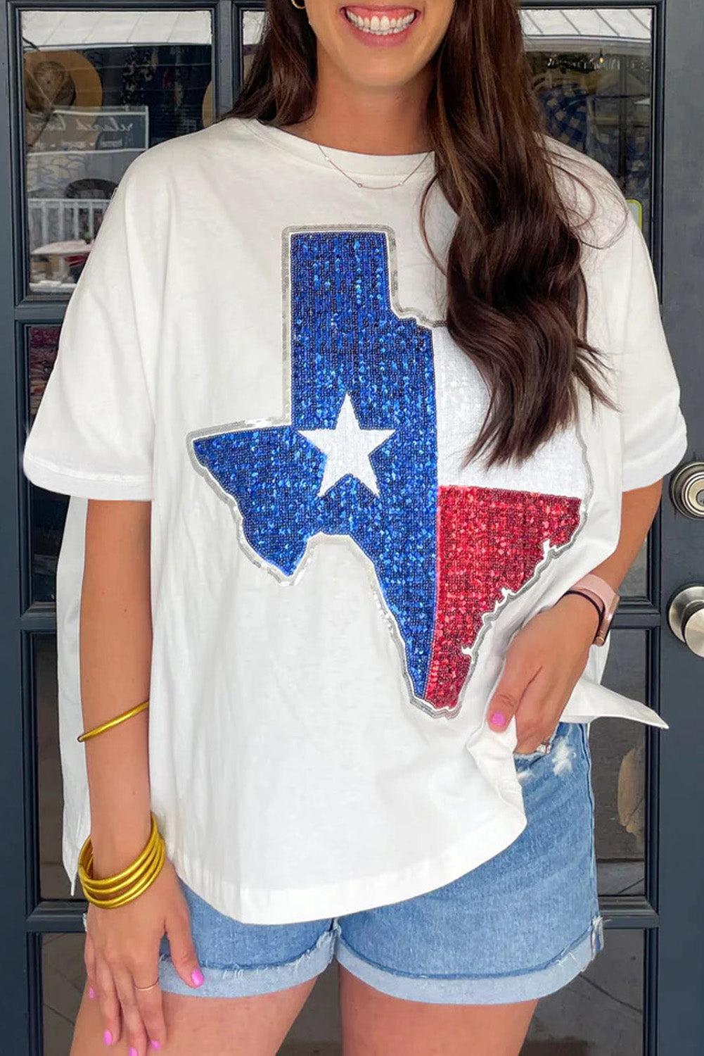 White Sequined Texas Graphic Plus Size T Shirt BB Fashion Outlet