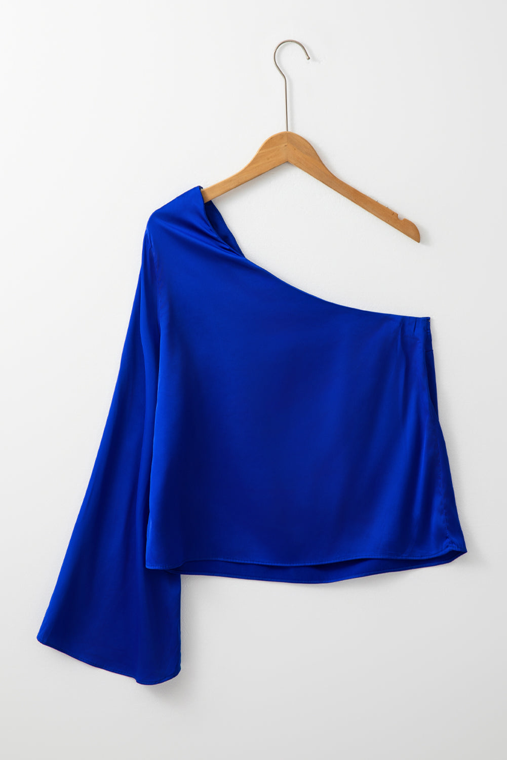 Dark Blue Asymmetric One Shoulder Bell Sleeve Satin Blouse - eAura