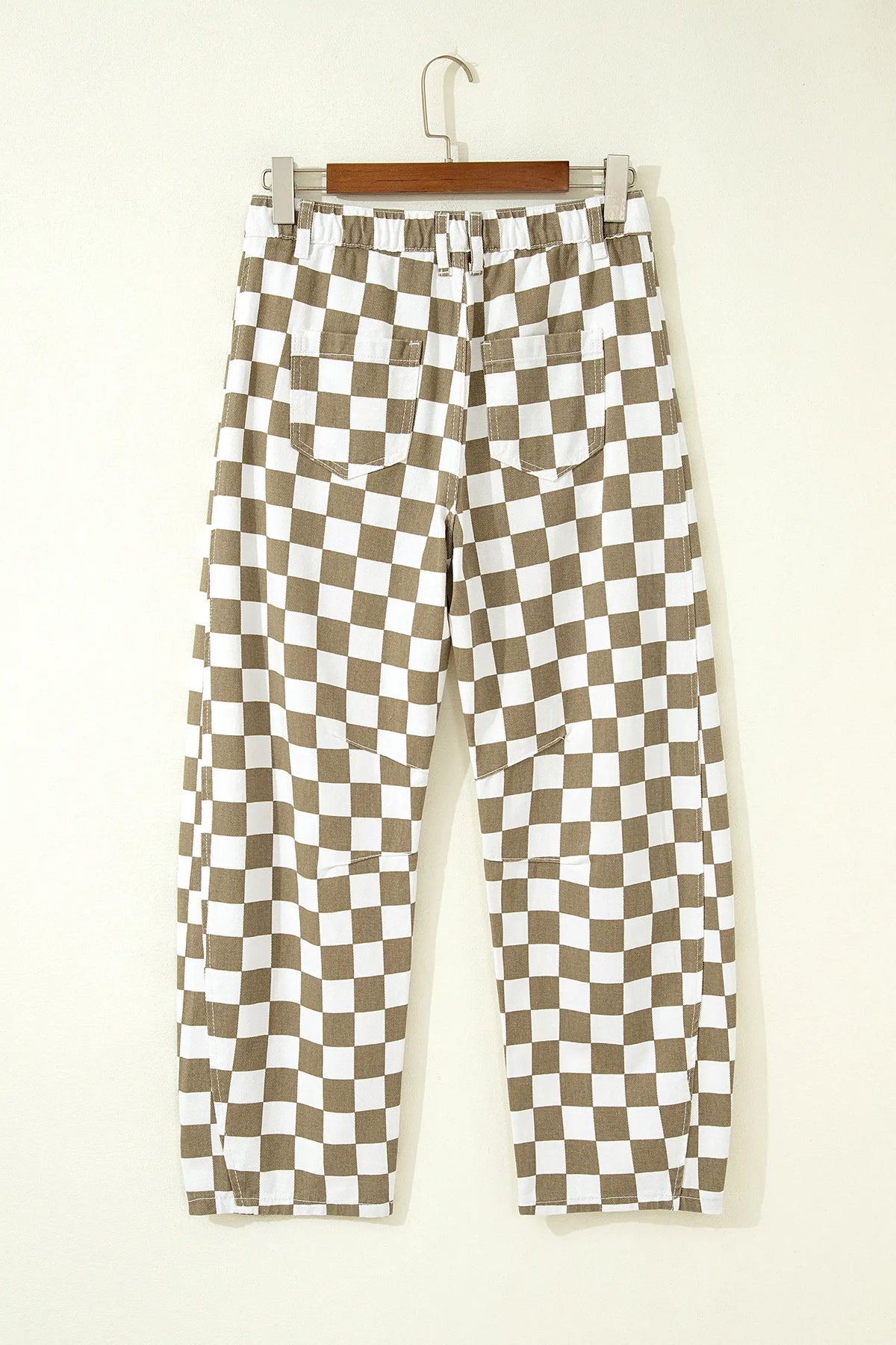 Checkered Print Denim Barrel Pants – White