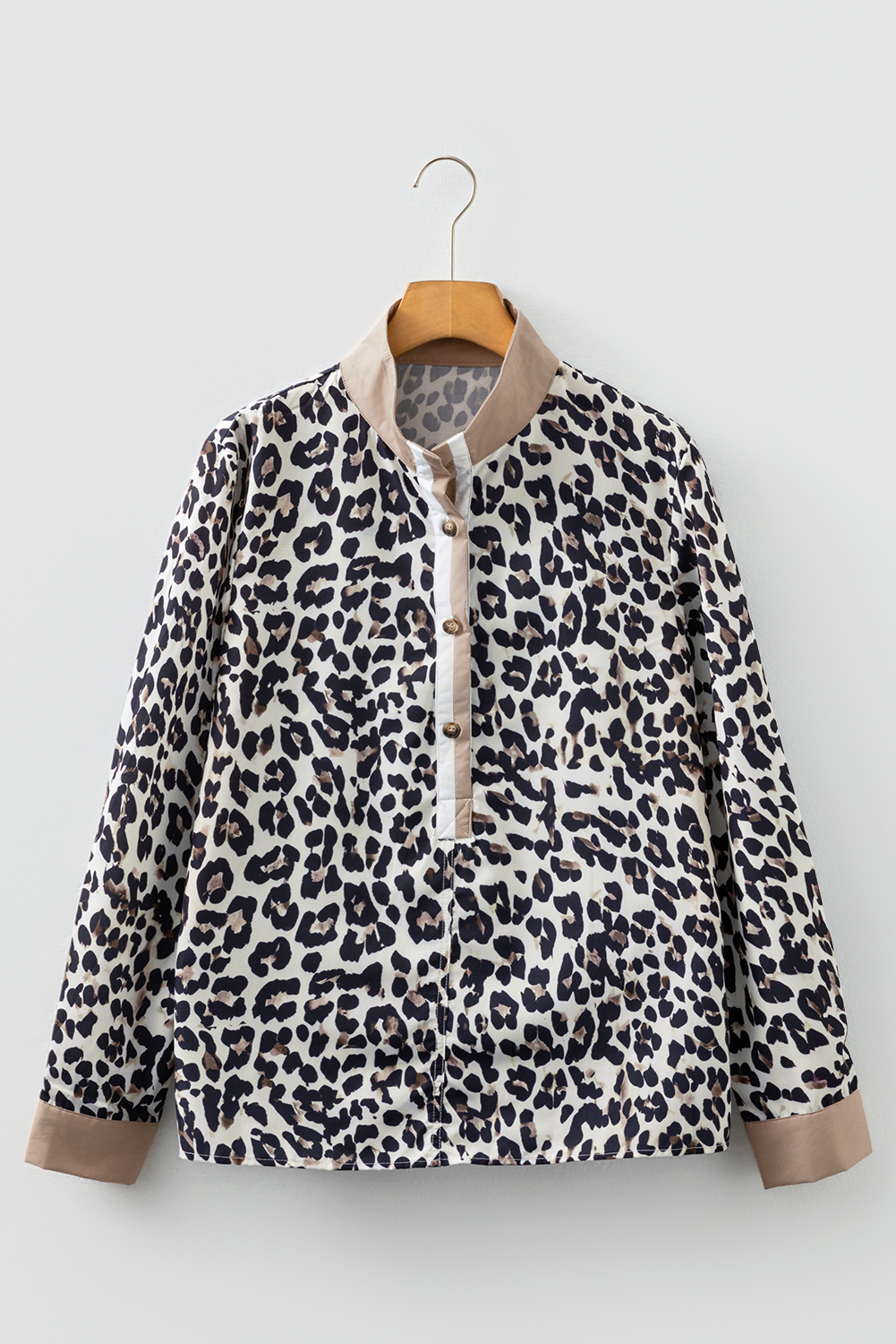 Leopard Print Contrast Patchwork Cuffs Button Collared Top - eAura