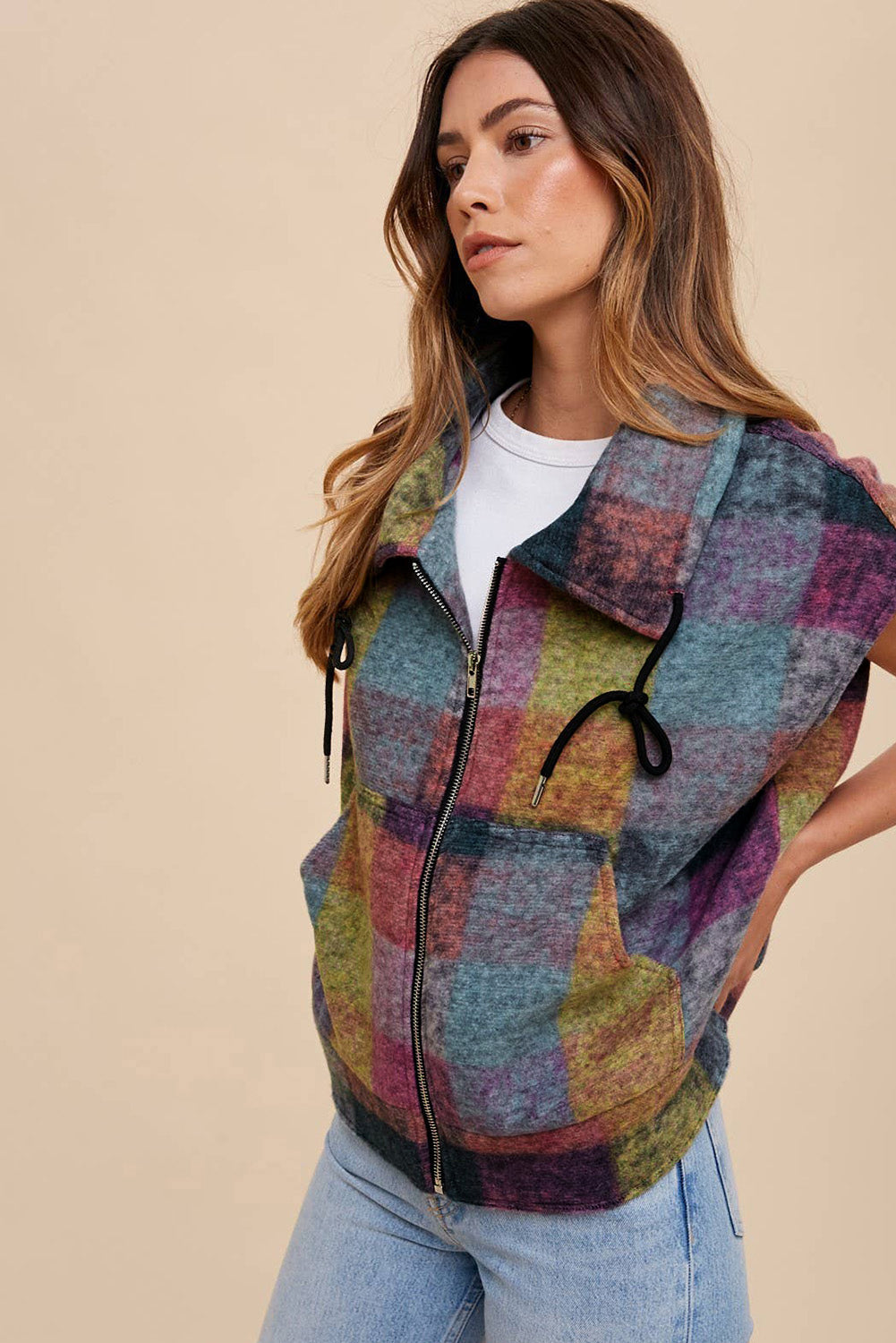 Multicolour Plaid Print Loose Sleeveless Jacket eAura