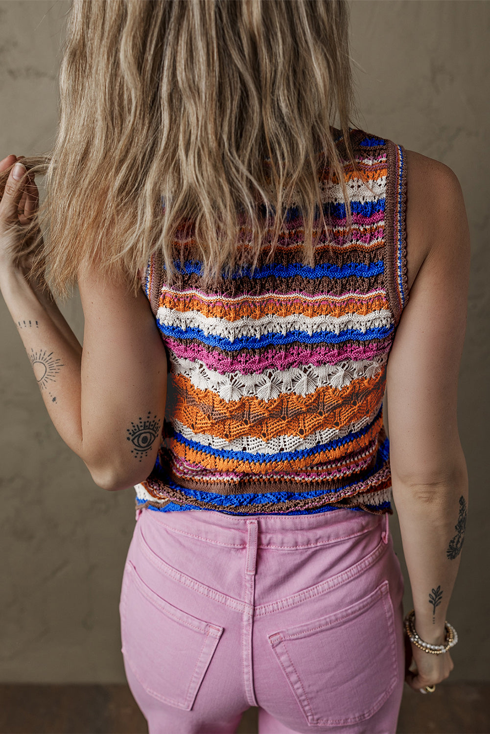 Dark Blue Striped Textured Knit Crew Neck Sweater Vest eAura
