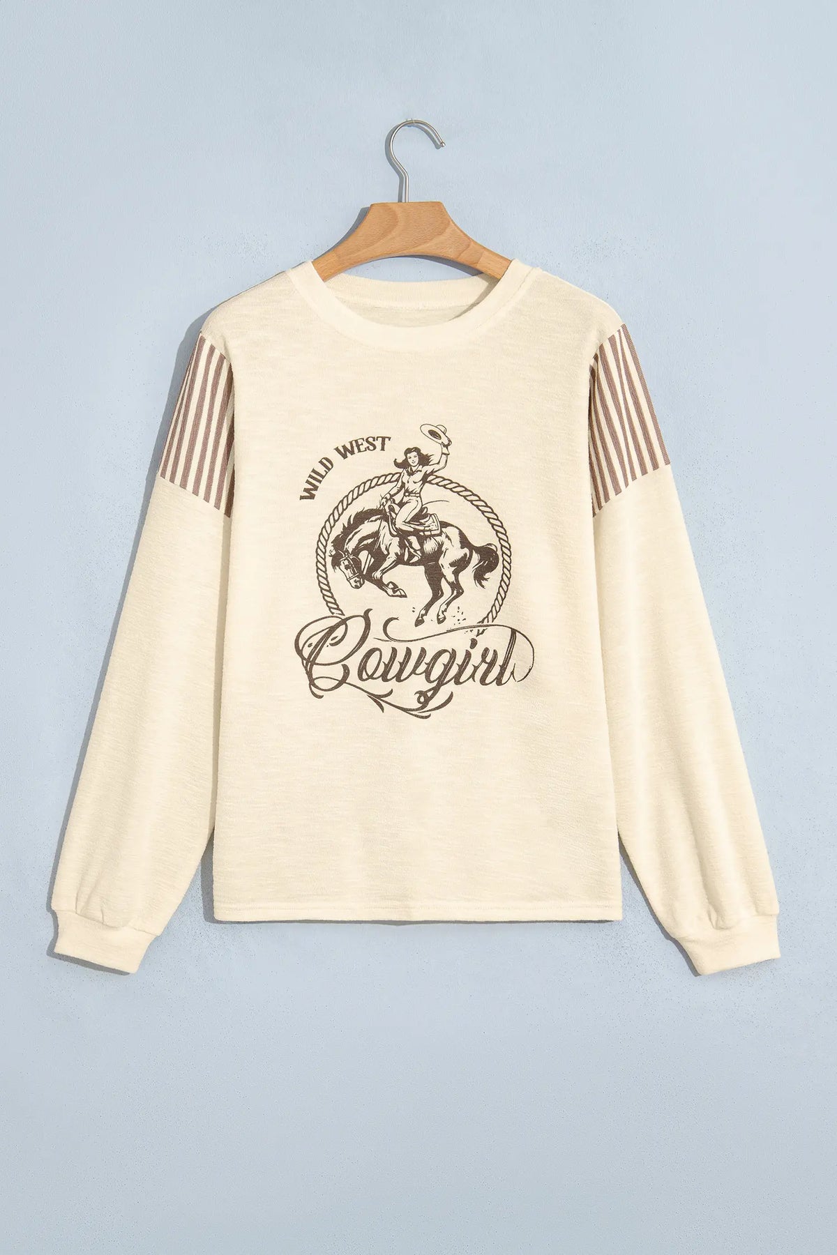 Jet Stream Western Print Striped Detail Long Sleeve Casual Top – Cream