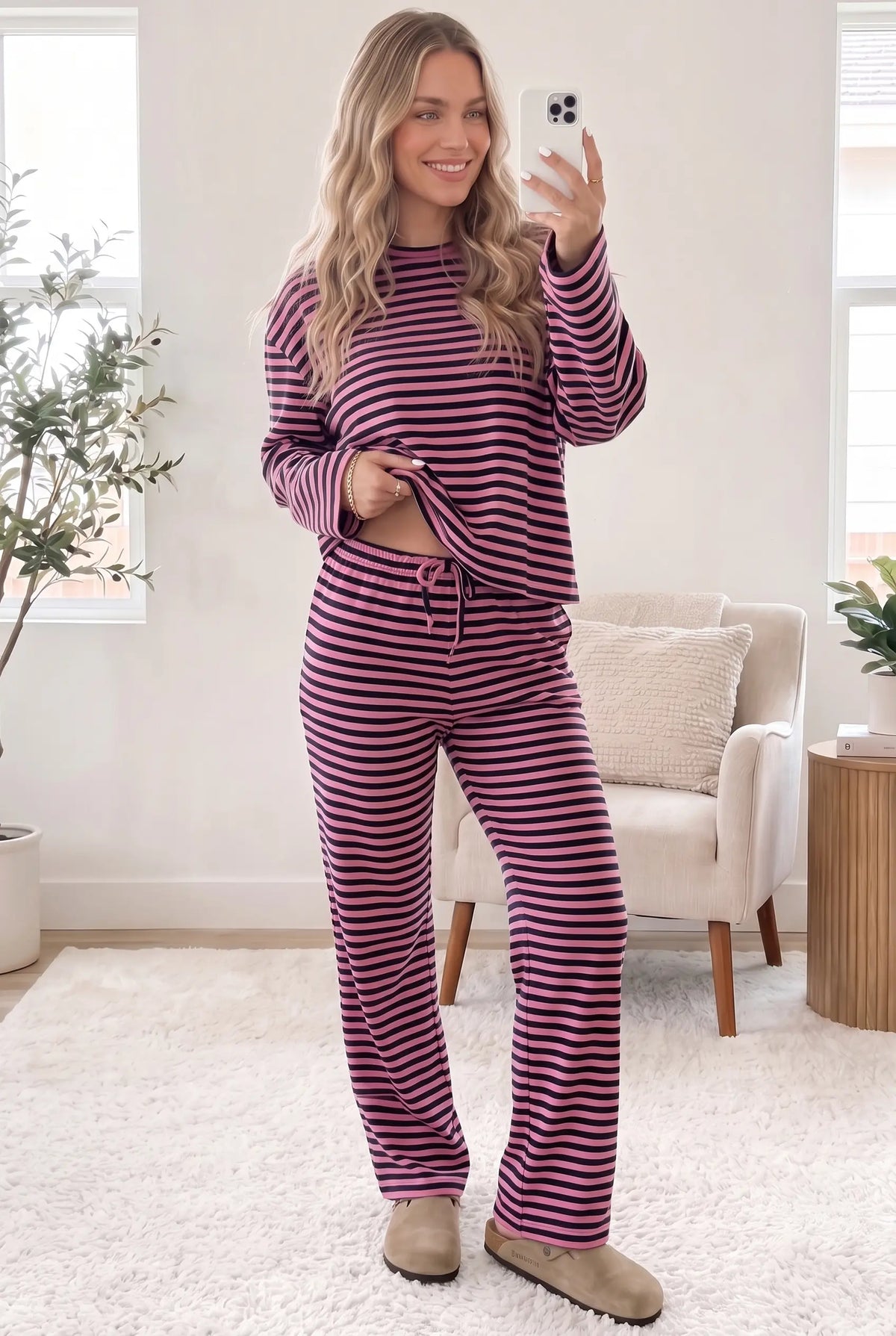 Casual Long Sleeve Top Drawstring Pant Set – Pink Stripe