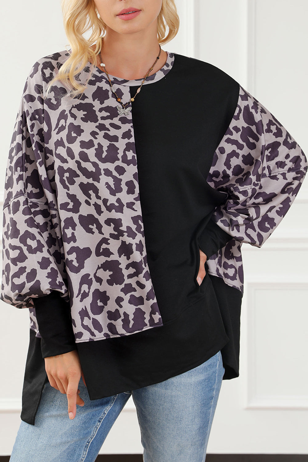 Black Leopard Patchwork Bishop Sleeve Slit Sweatshirt eAura