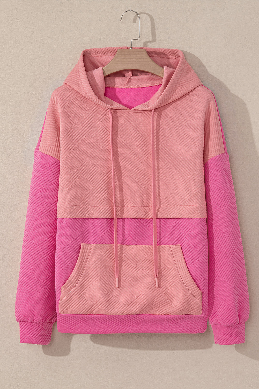 Pink Textured Colour Block Kangaroo Pocket Drop Shoulder Hoodie eAura