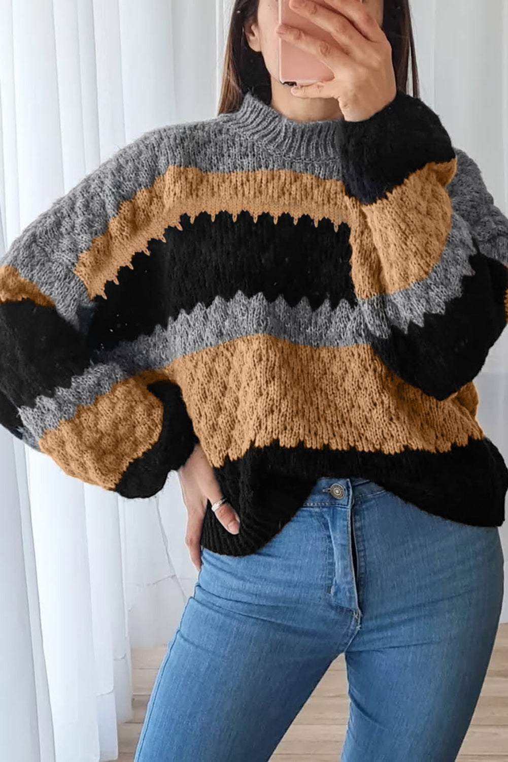 Khaki Color Block High Neck Baggy Sweater Dear-Lover Dropshipping