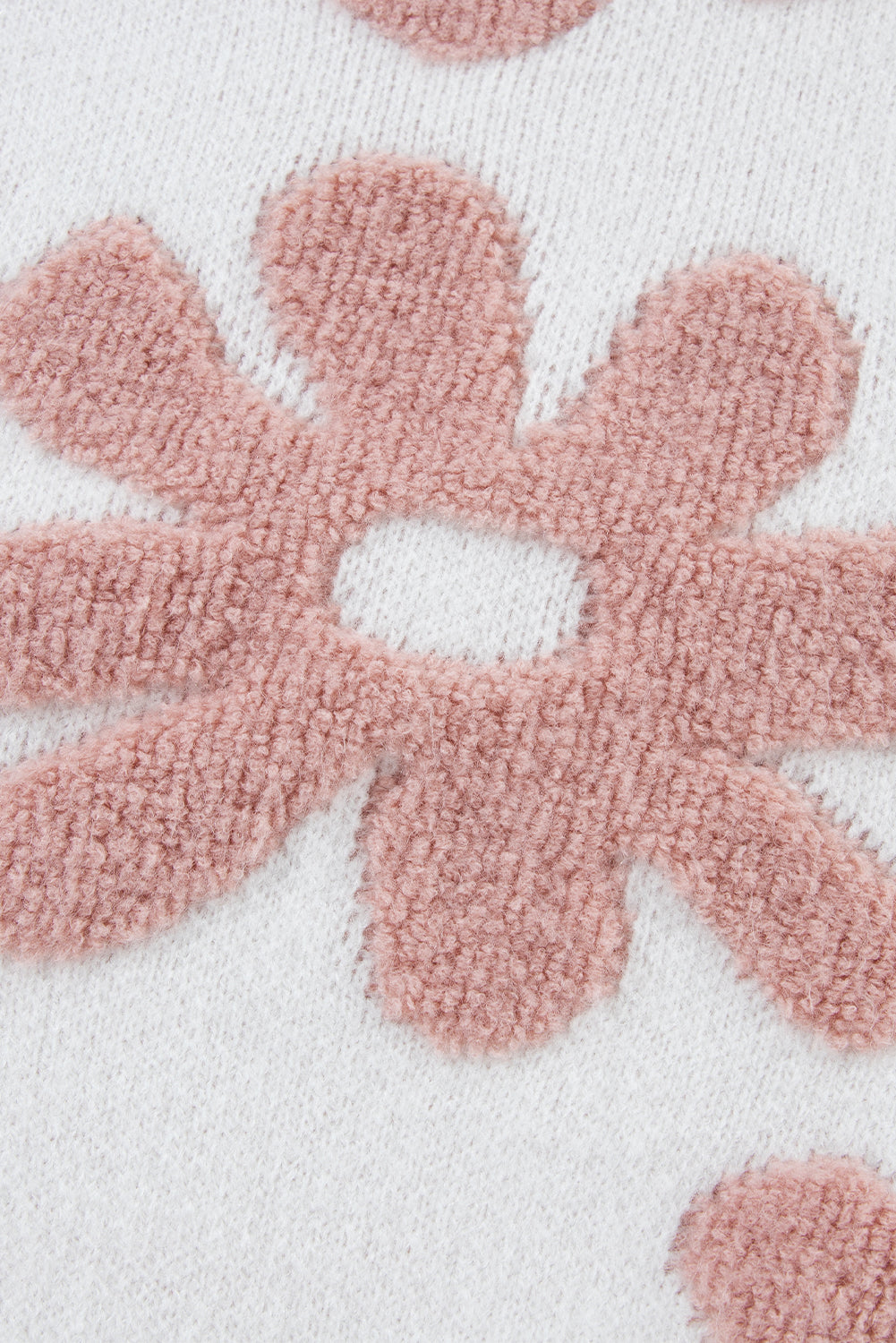 White Textured Flower Drop Shoulder Loose Sweater eAura