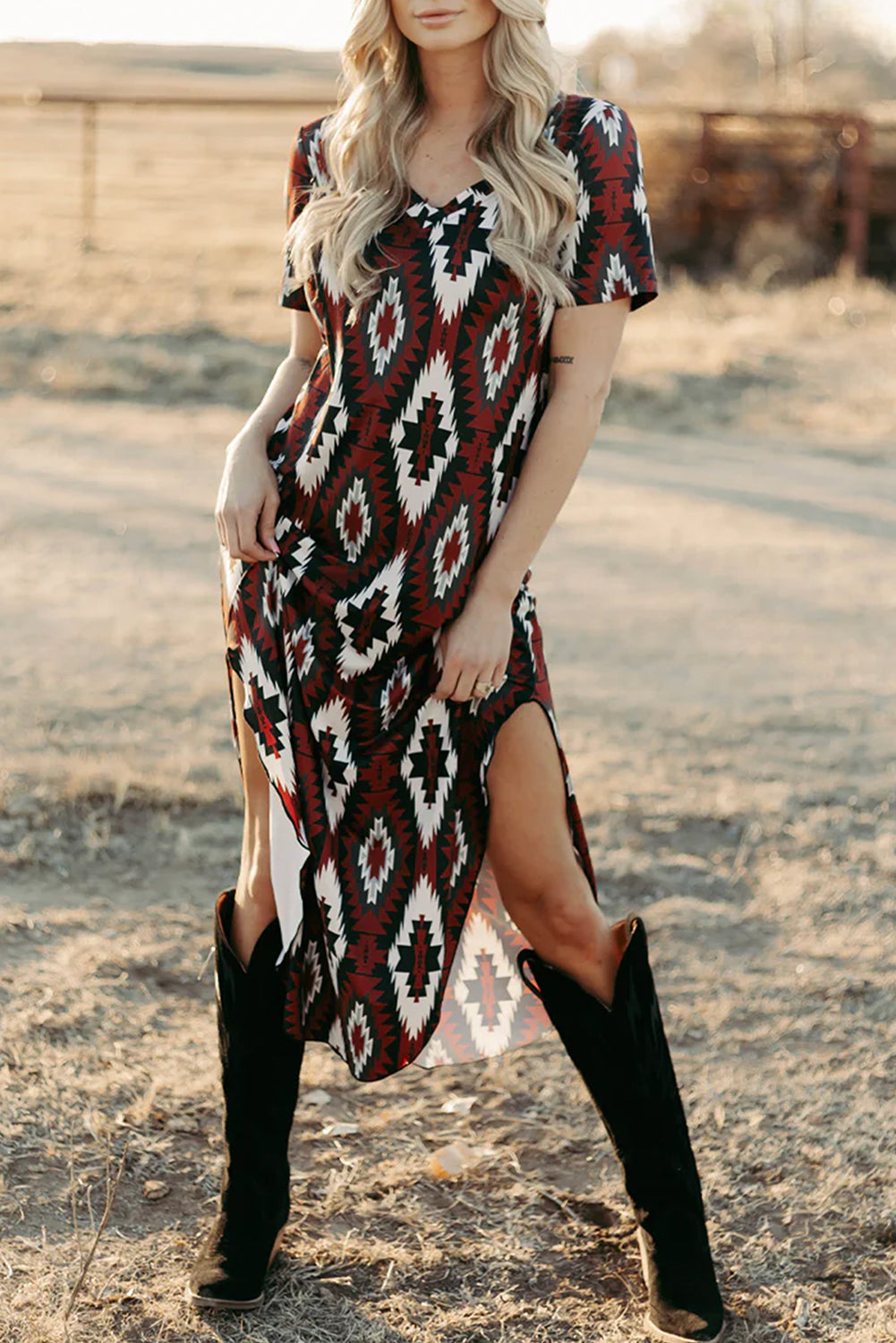 Red Western Aztec Printed Long T-shirt Dress eAura