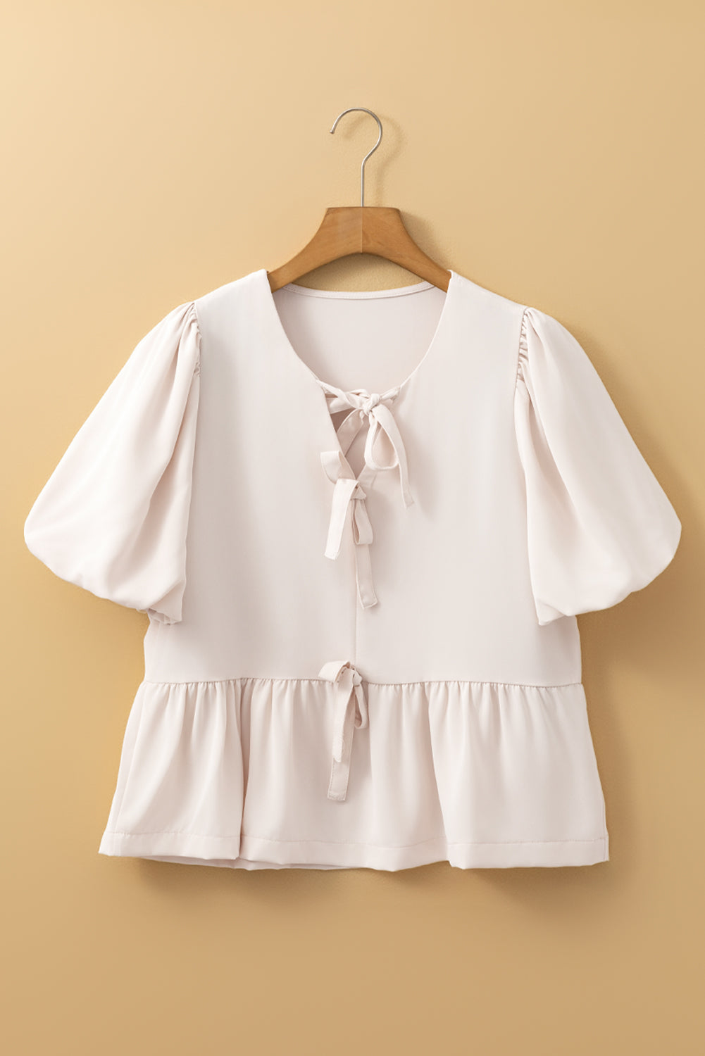 White Bow Tie Short Puff Sleeve Ruffle Hem Blouse eAura