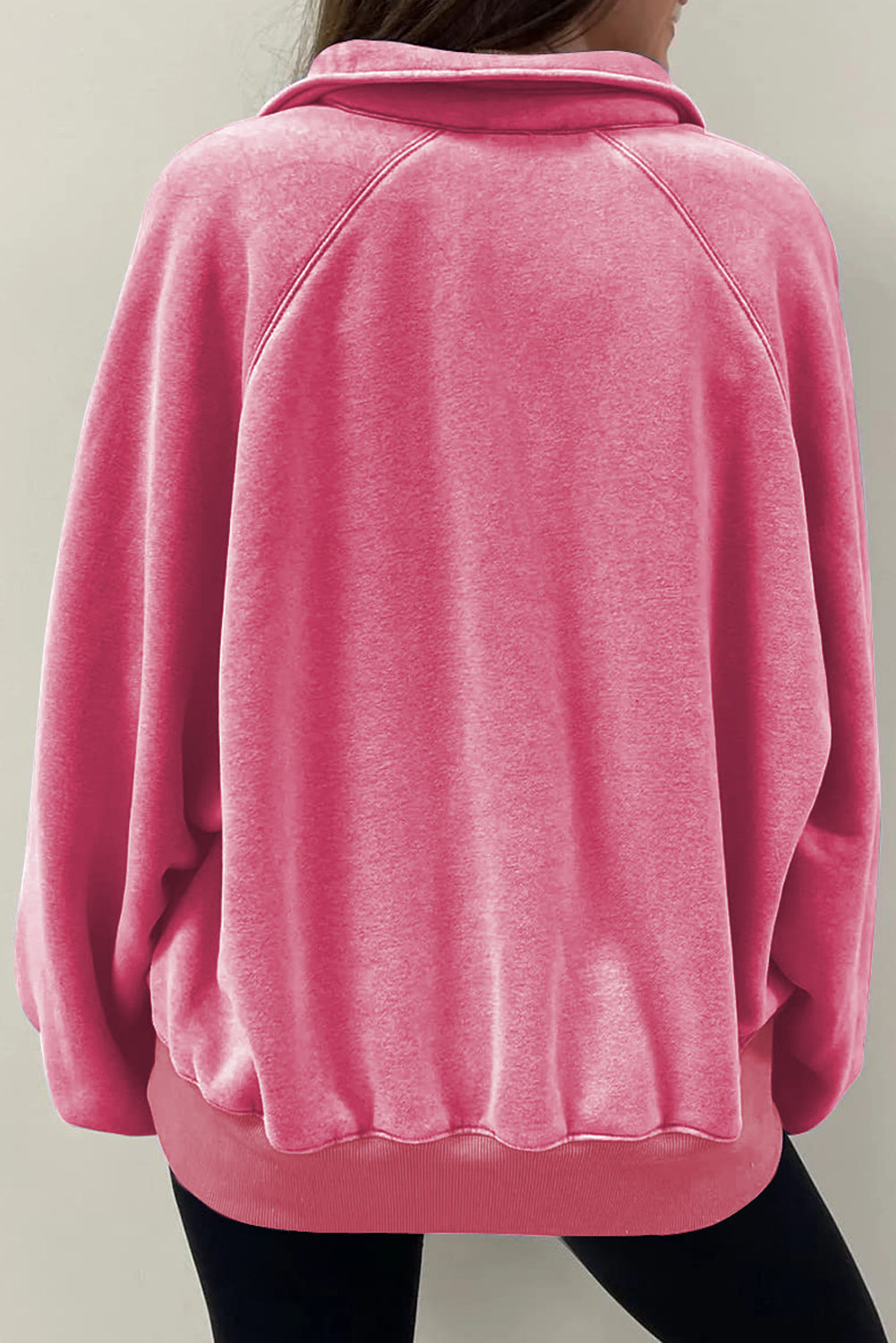 Pink Solid Snap Buttons Collared Balloon Sleeve Oversized Sweatshirt eAura