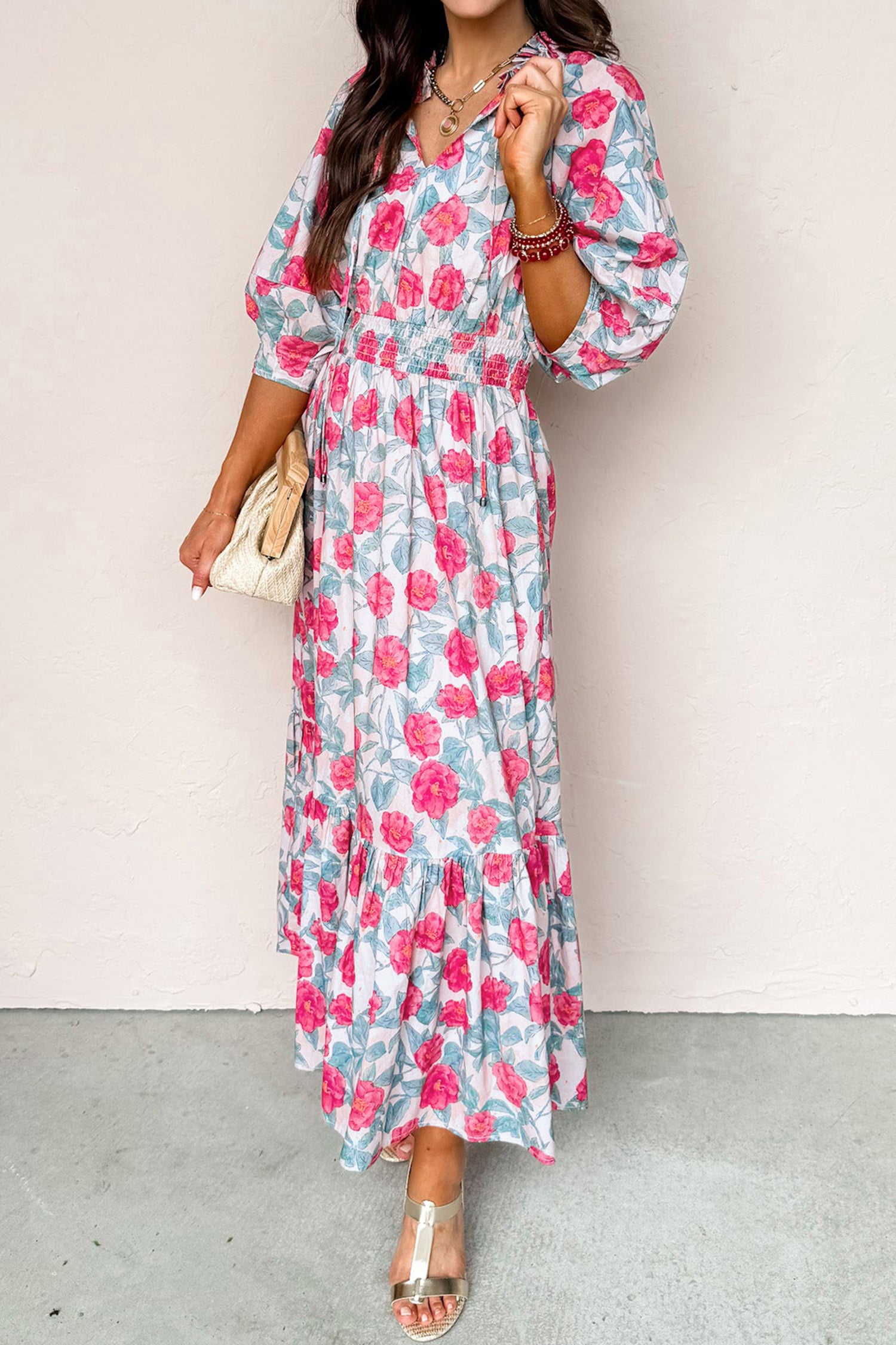 Floral Tie V-Neck Puff Sleeve Ruffle Tiered Midi Dress