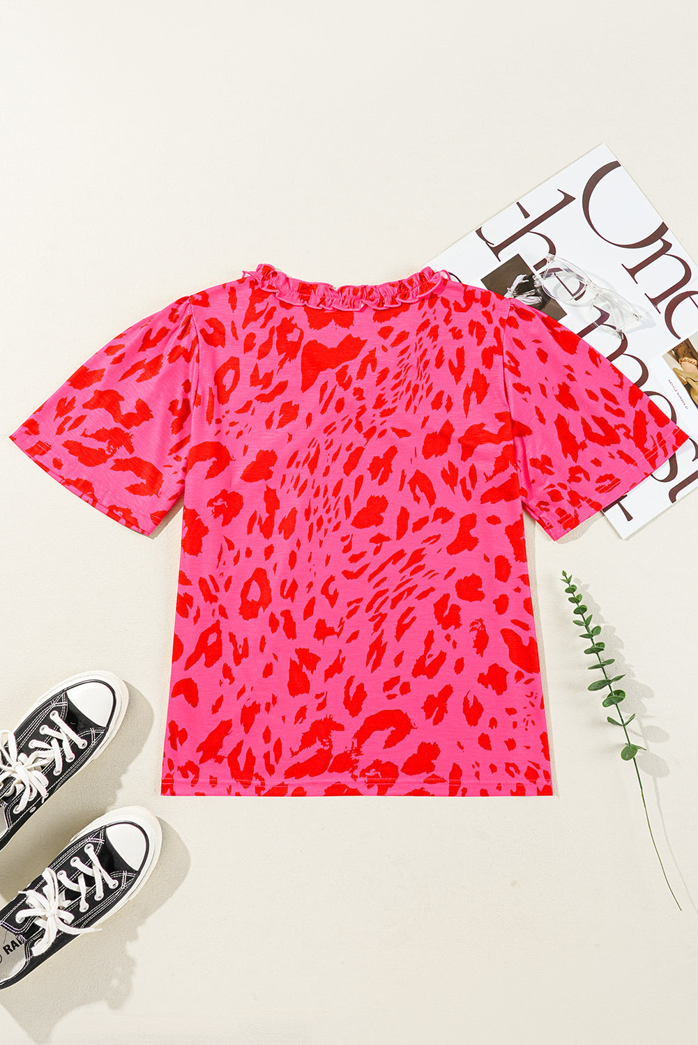 Rose Leopard Frilly V Neck Short Sleeve Blouse eAura