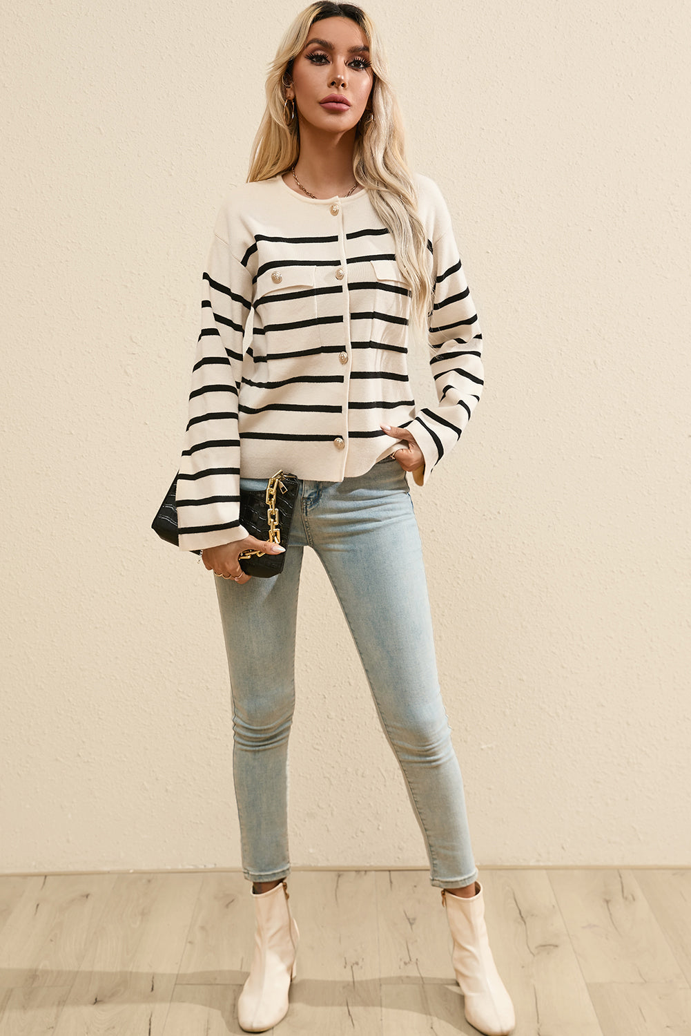 Black Stripe Flap Pocket Buttoned Cardigan Sweater eAura