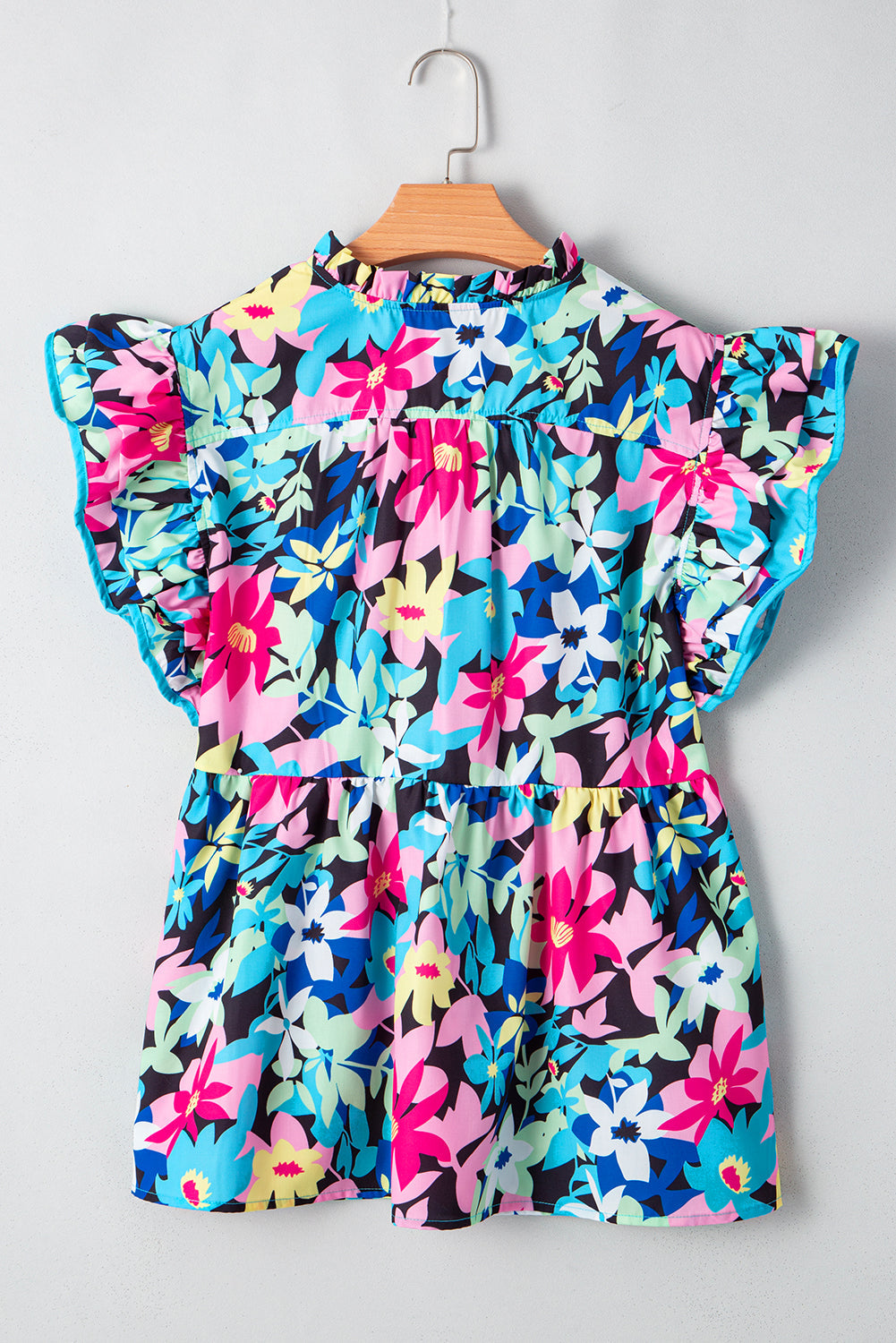 Blue Floral Flutter Sleeve Tied Notched Neck Plus Size Blouse BB Fashion Outlet