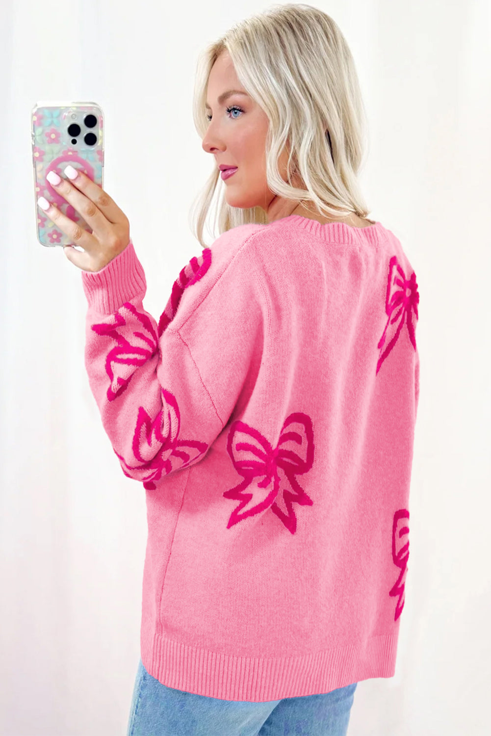 Pink Bow Pattern Drop Shoulder Loose Sweater eAura
