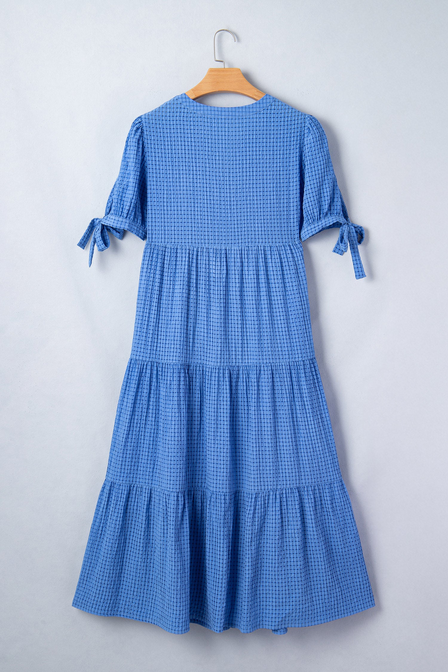 Gingham Textured Bow Tie Sleeve Tiered Midi Dress with Pockets
