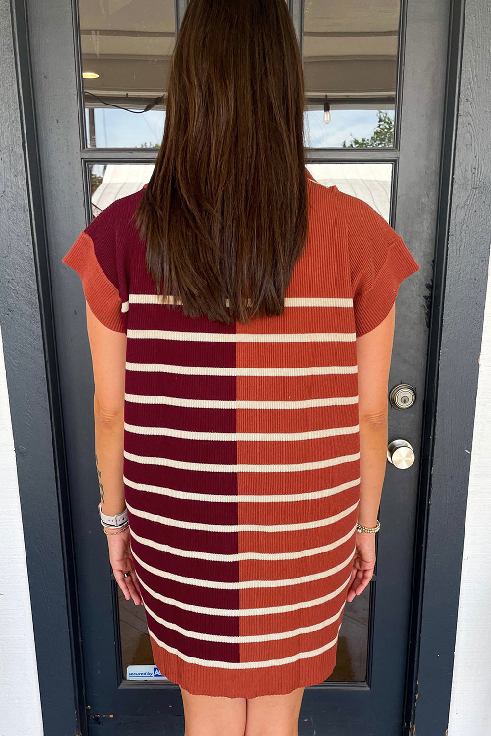 Brown Stripe Colour Block Quarter Zip Collar Short Sleeve Sweater Dress eAura
