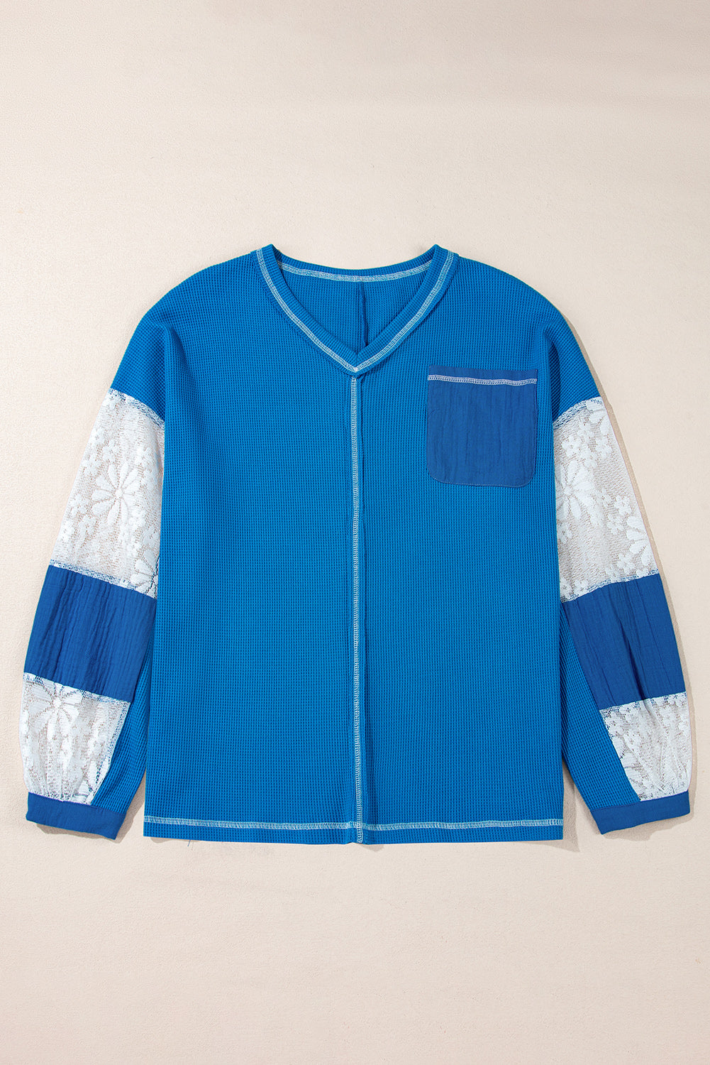 Sky Blue Lace Floral Patchwork Sleeve Stitching V Neck Rib Knit Blouse eAura