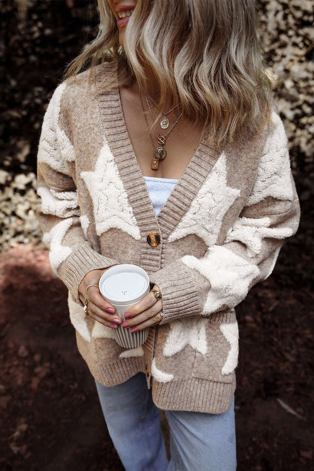 Sherpa Star Pattern Textured Sweater Cardigan with Pockets eAura