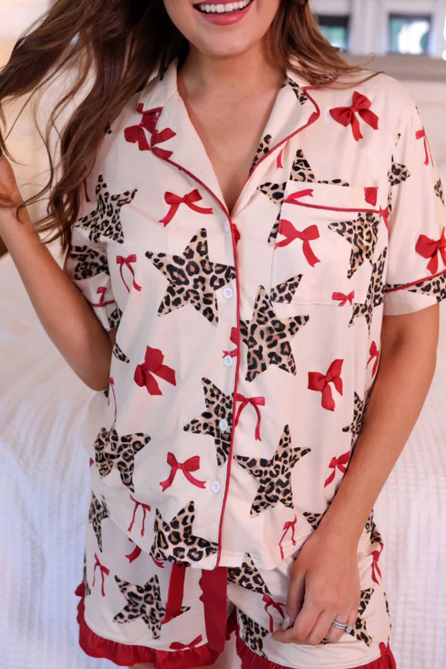 Leopard Star Bow Print Contrast Trim Short Pyjama Set - eAura