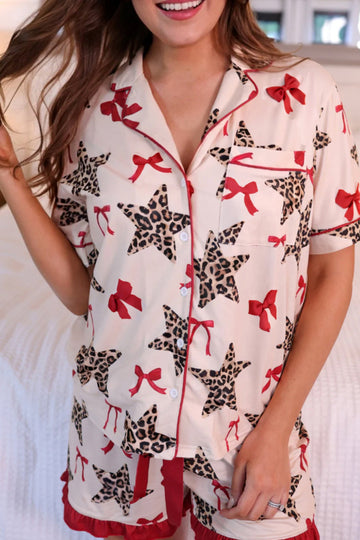 Leopard Star Bow Print Contrast Trim Short Pyjama Set - eAura