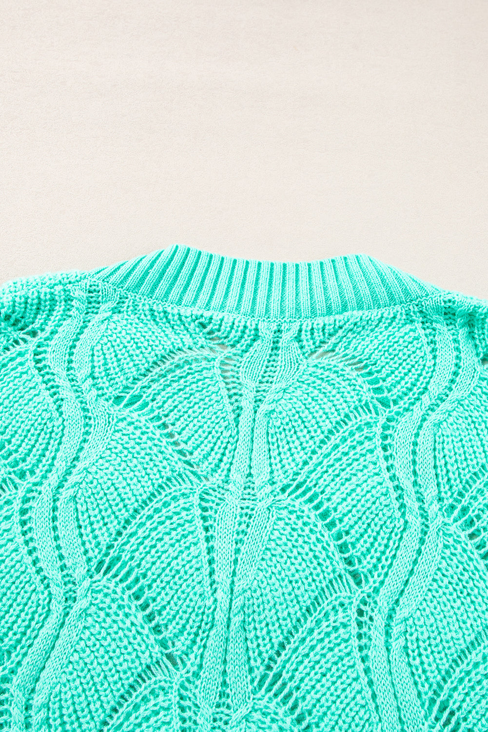 Mint Green Hollow Out Knit V Neck Drop Shoulder Sweater eAura