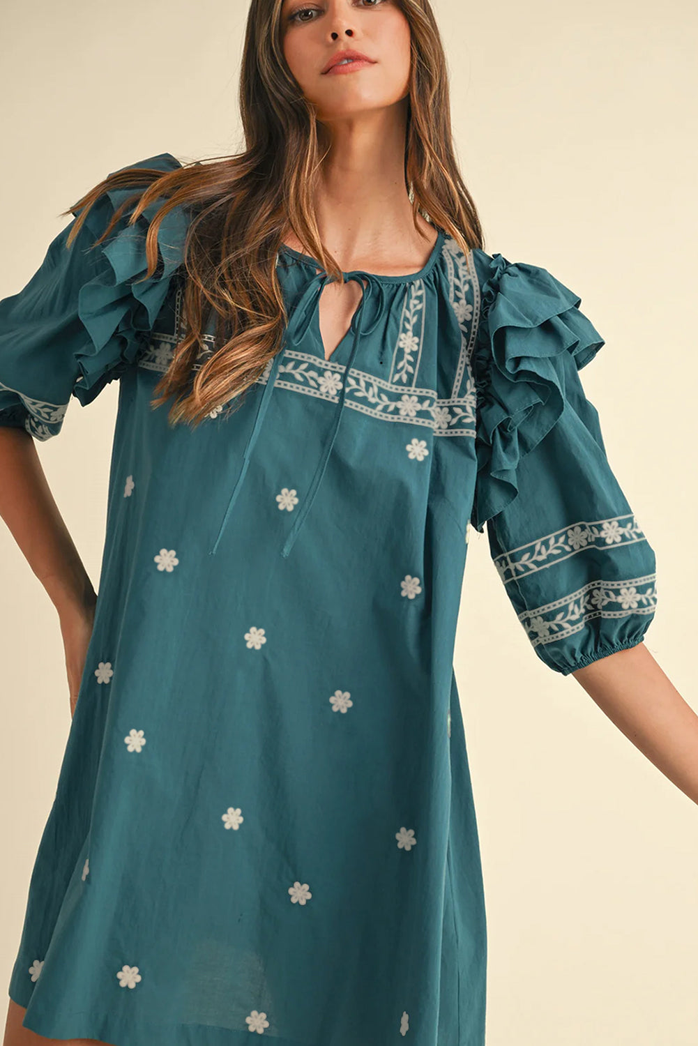 Skobeloff Boho Floral Ruffle Puff Sleeve Lace-up V Neck Mini Dress eAura