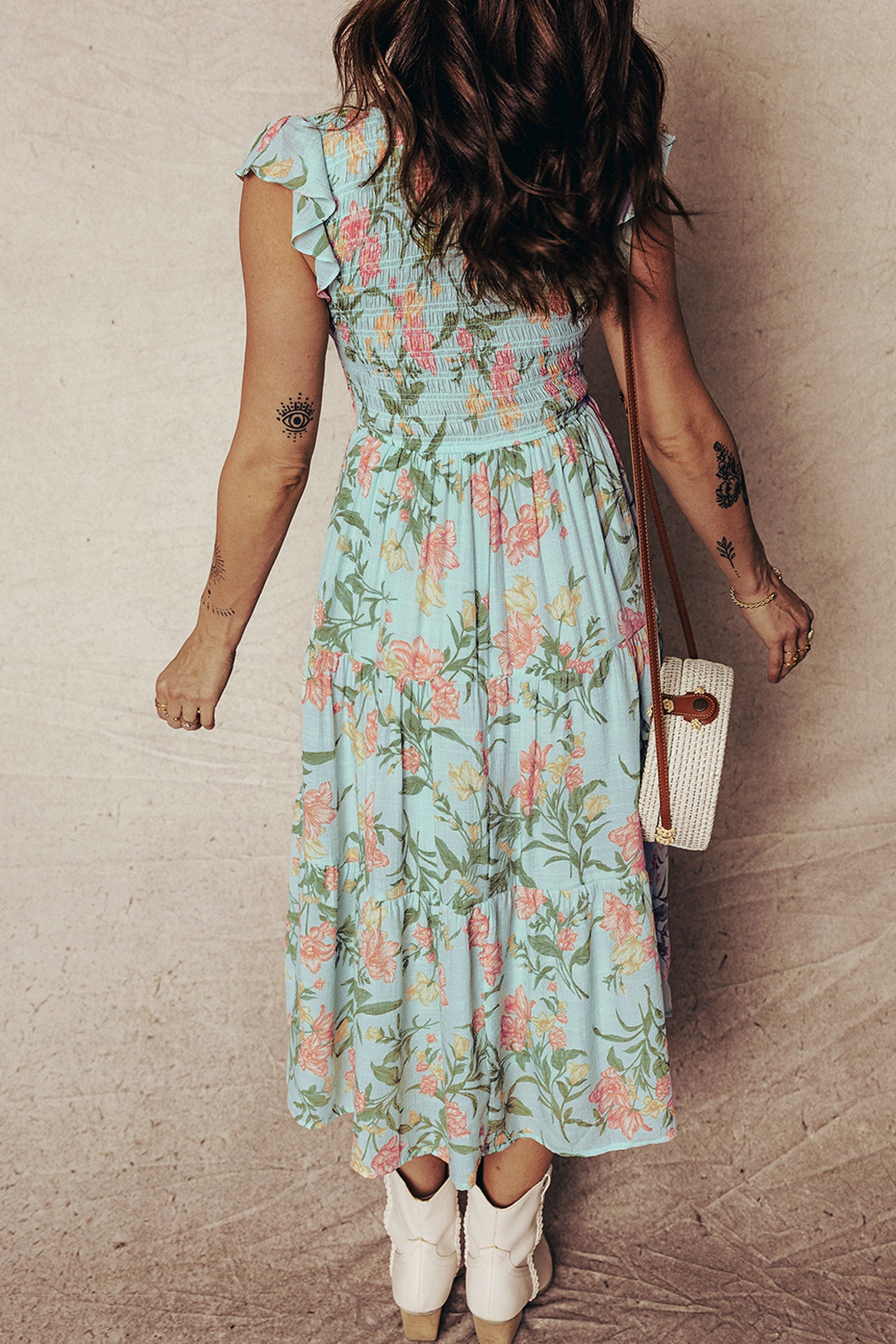 Smocked Shirred Bodice Ruffled Sleeveless Tiered Floral Maxi Dress