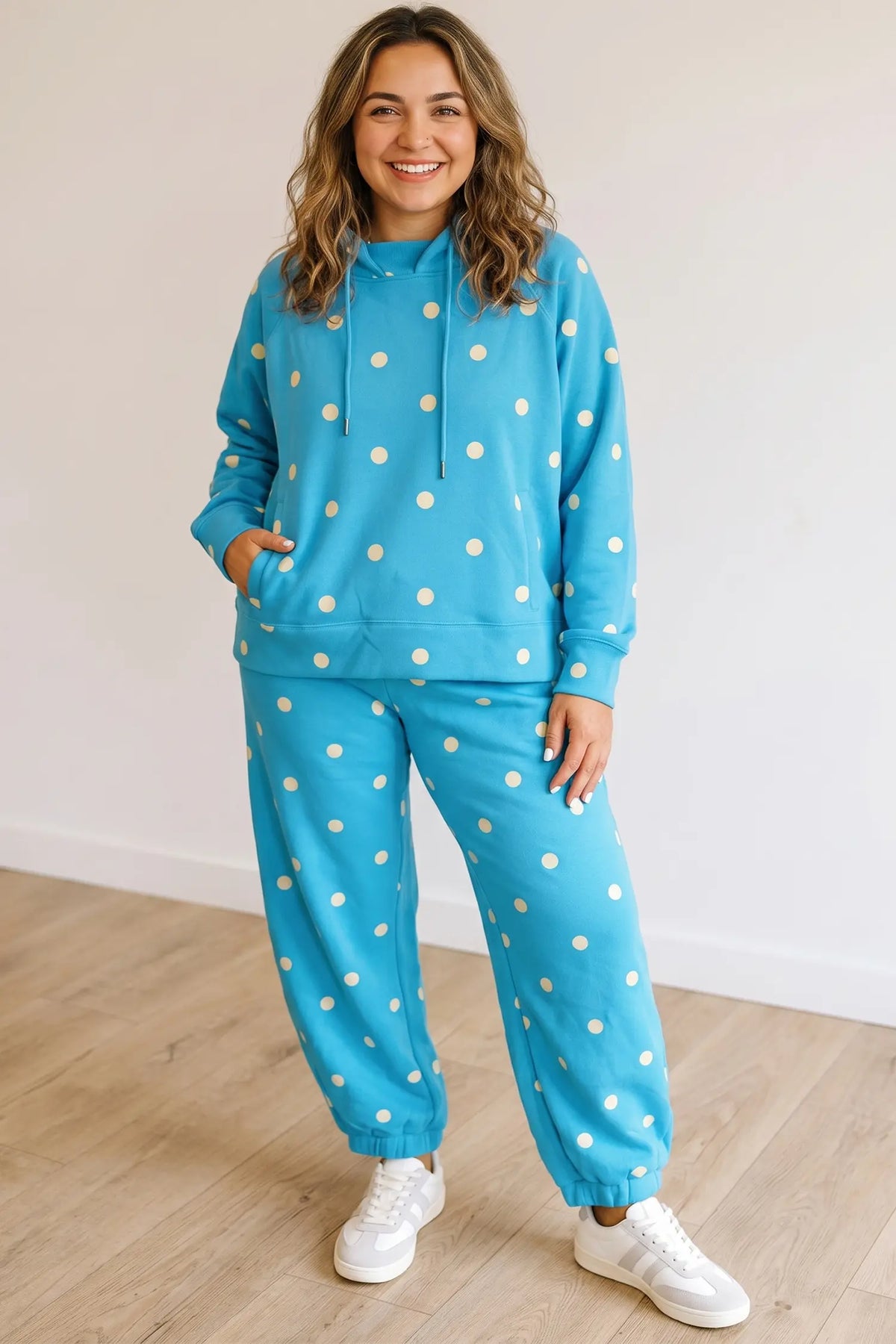 Polka Dot Hooded Drawstring Long Sleeve Plus Size Set – Blue