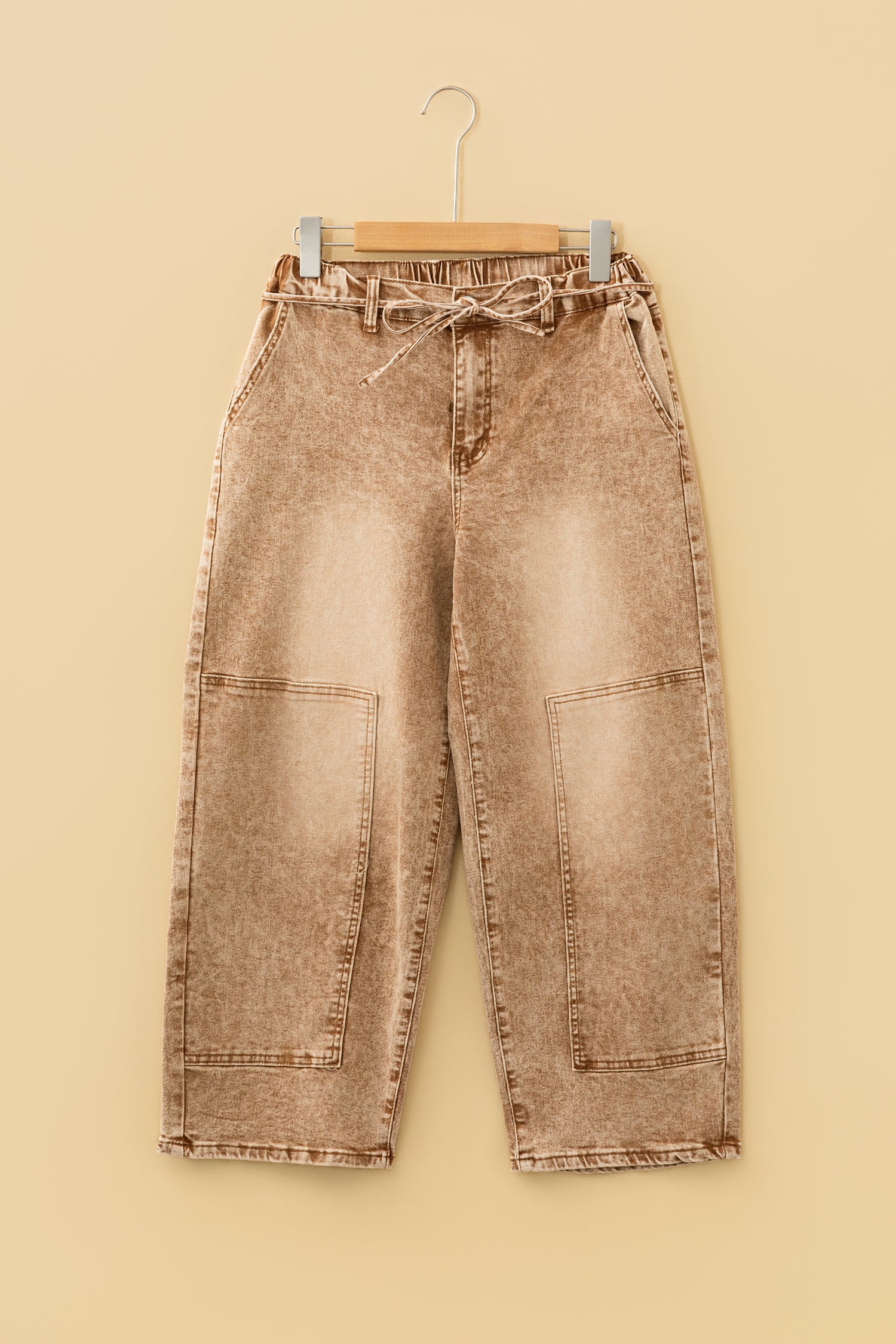 Gray Acid Wash Tie Waist Denim Pants