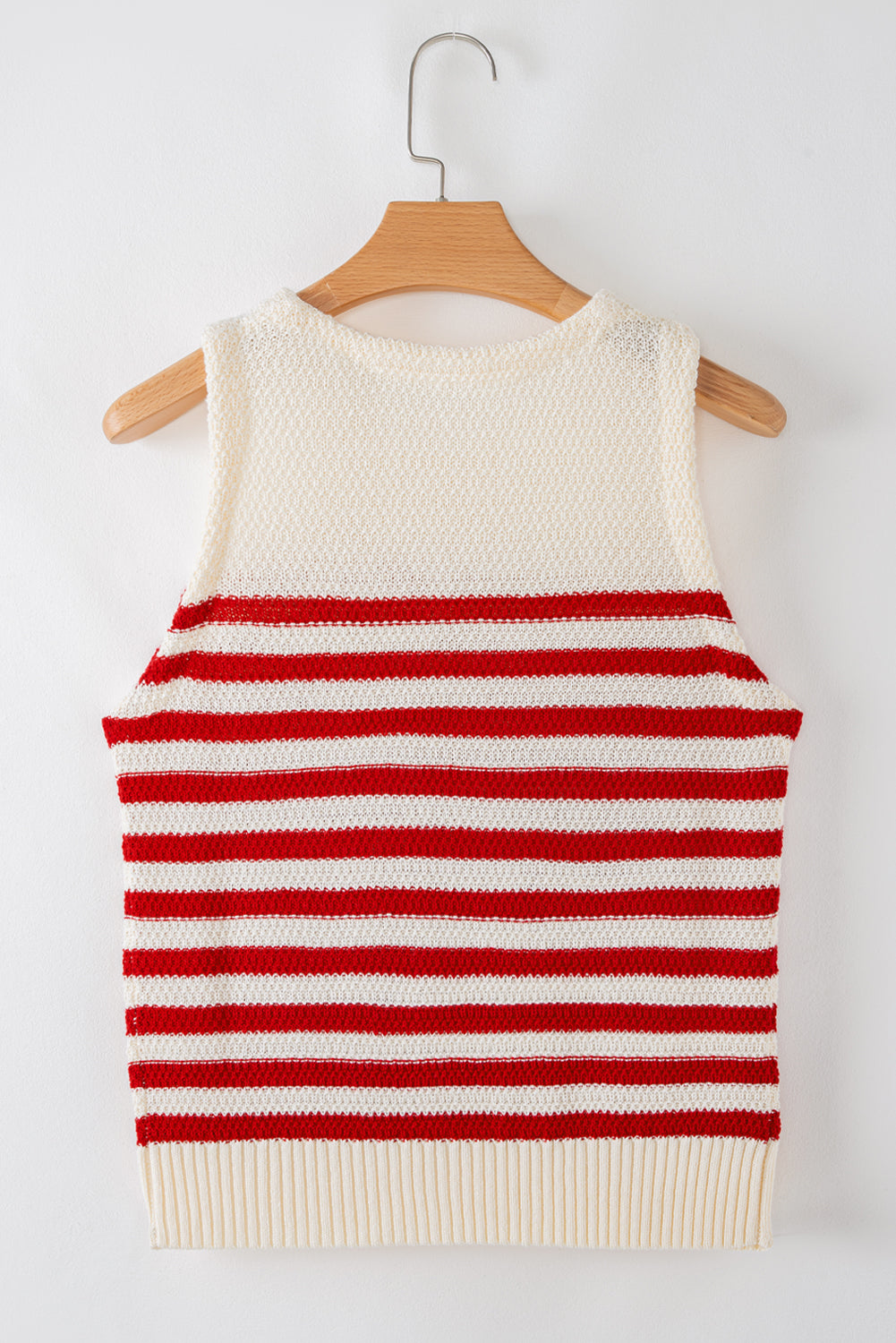 Red Stripe Textured Knit Ribbed Hem Sweater Sleeveless Top eAura