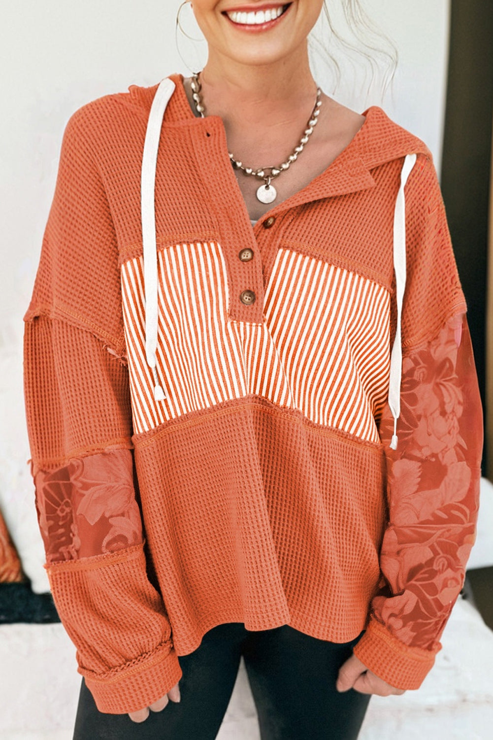 Waffle Patchwork Drawstring Hooded Long Sleeve Top - eAura