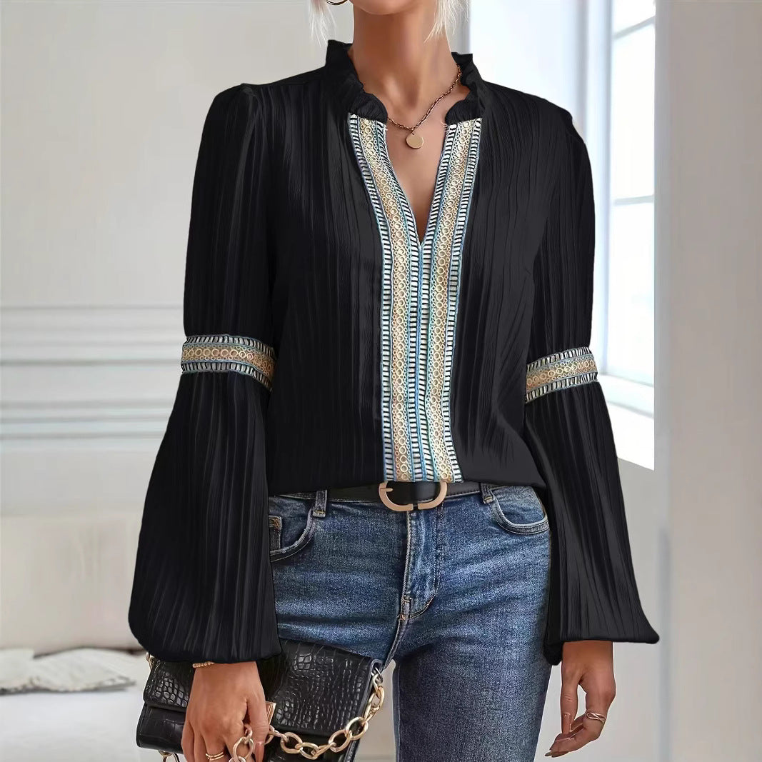 Lace Detail V-Neck Blouse Lantern Sleeve eprolo