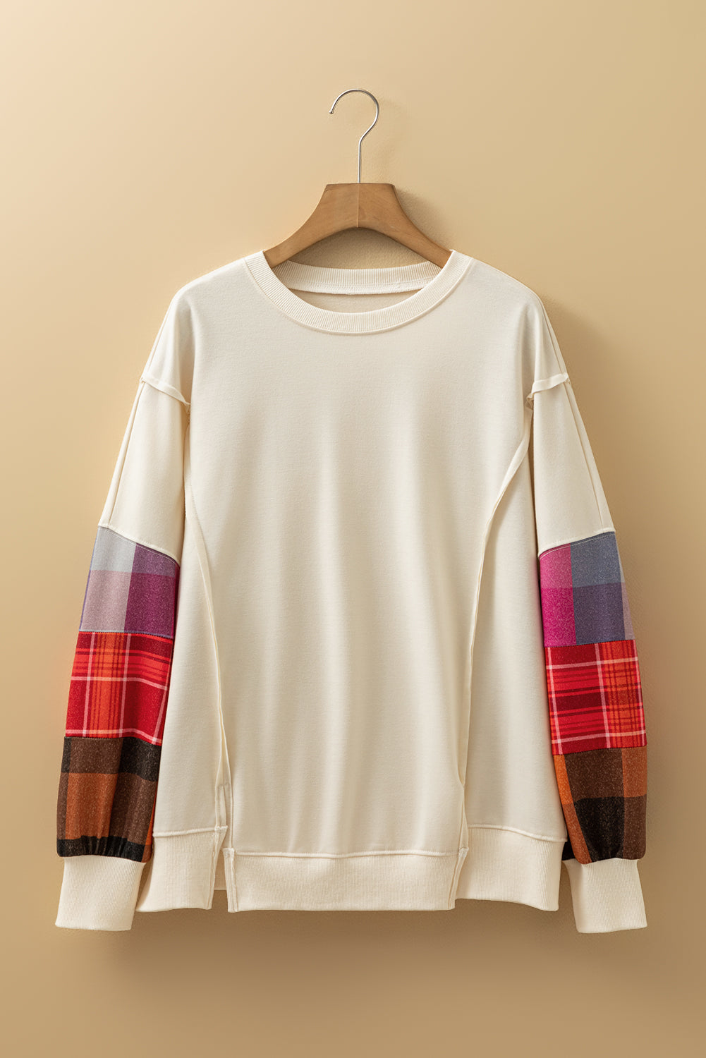 Beige Contrast Plaid Long Sleeve Exposed Seam Patchwork Top - eAura