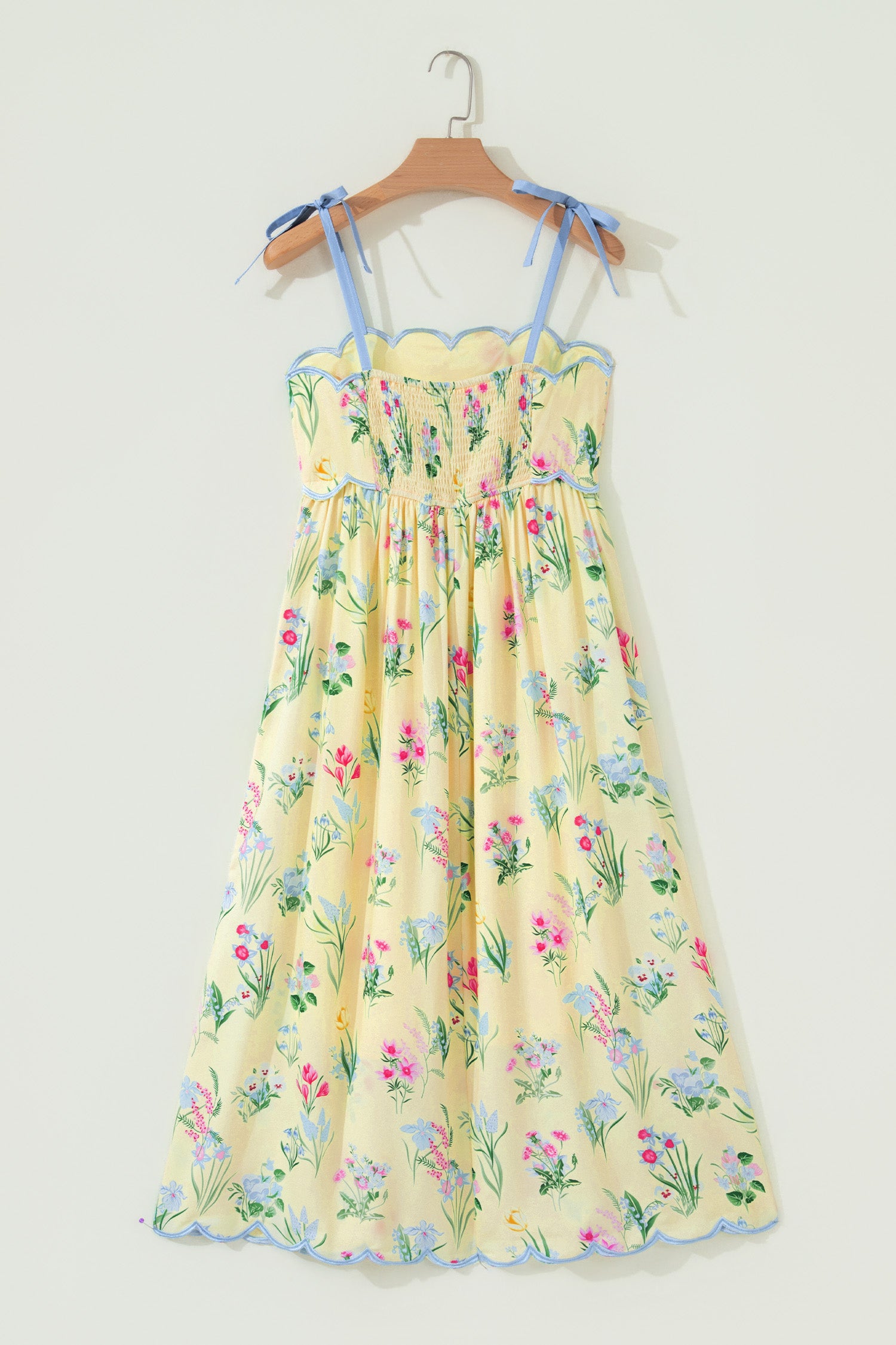 Floral Print Contrast Trim Self-Tie Straps Midi Dress