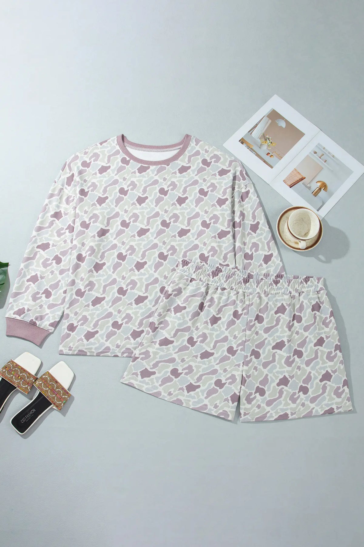 Camouflage Print Waffle Textured Pullover and Shorts Plus Size 2pcs Set – Green
