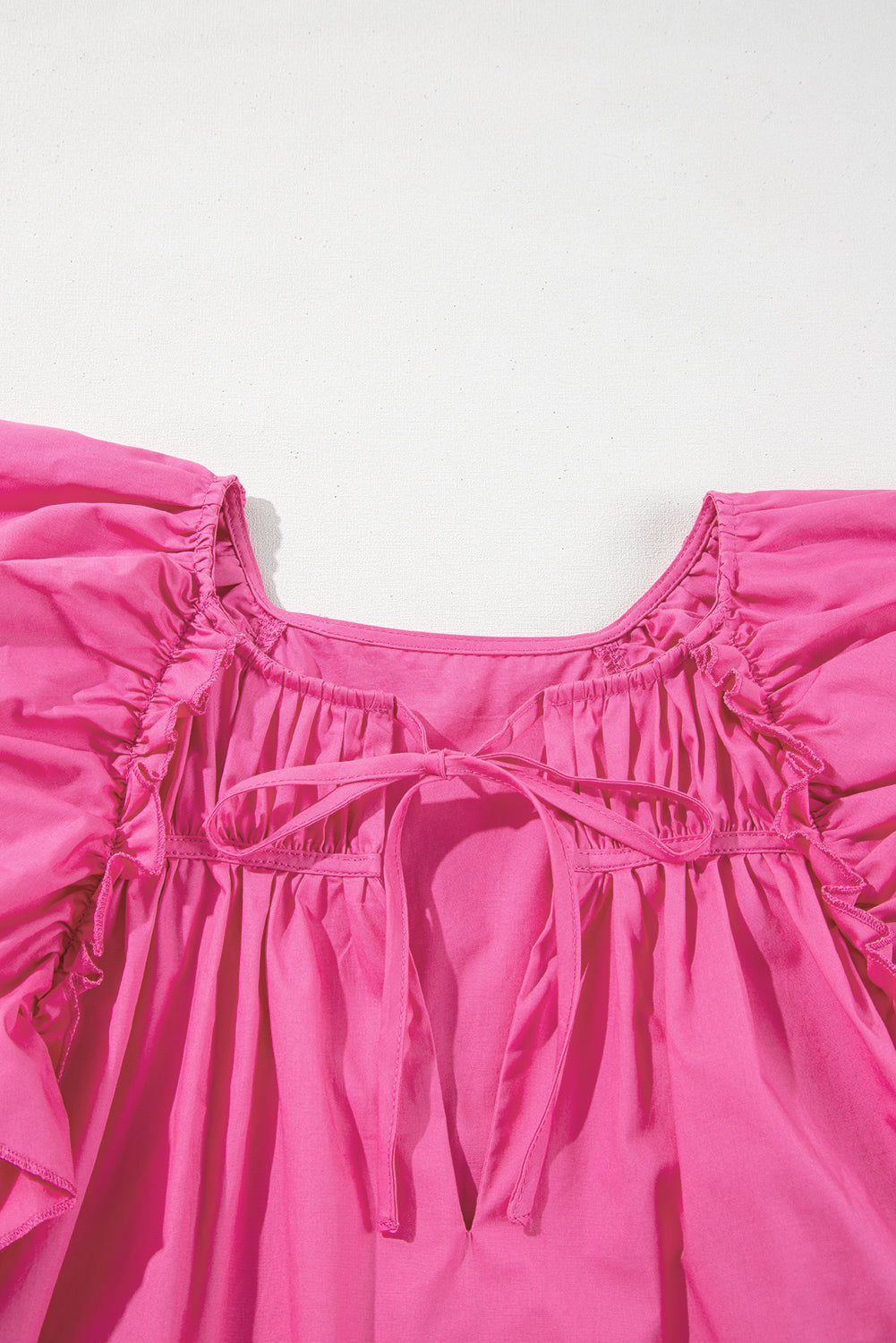 Sachet Pink Shirred Yoke Lace up V Neck Ruffled Sleeve Blouse eAura