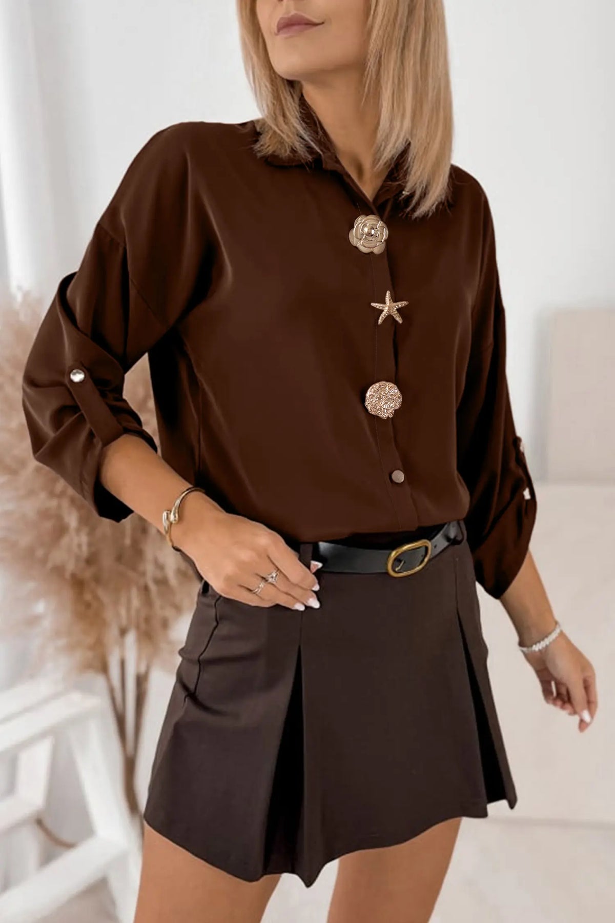 Coffee Multi Button Decoration Tab Long Sleeve Casual Shirt – Brown