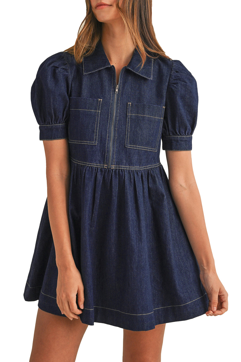 Dirty blue Zipped up Bodice Collared Short Puff Sleeve Denim Dress eAura